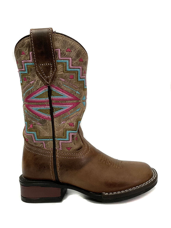 Roper Kids Monterey Aztec Leather Boots for Boys & Girls - Brown Western Cowboy Boots for School, Rodeo & Outdoor Play