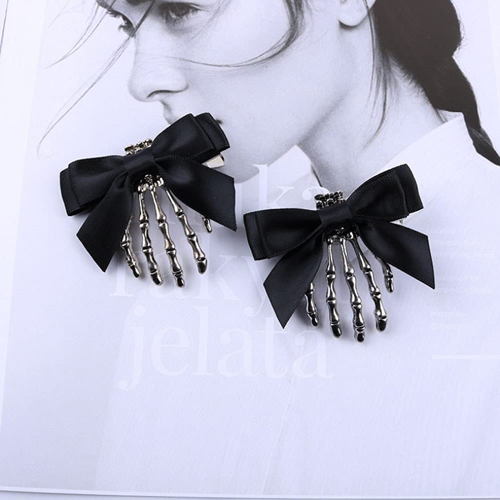 Lanebudd Skull Hair Clips - 4 Pack Halloween Skeleton Claw Hairpins with Bow for Girls | Cute Gothic Hair Accessories for Costume Parties, Cosplay & Spooky Events