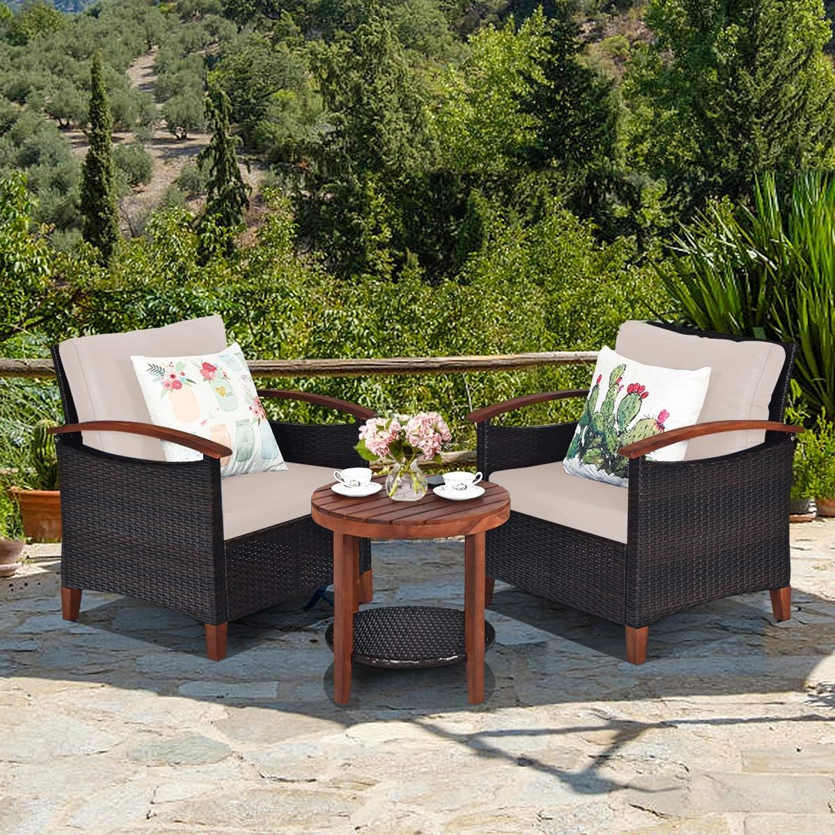 RELAX4LIFE 3-Piece Outdoor Patio Furniture Set - 2 Wicker Chairs with Acacia Wood Table & Removable Cushions, Rattan Sofa Set for Garden, Porch, Balcony (Beige) - Perfect for Relaxing, Entertaining, and Outdoor Dining