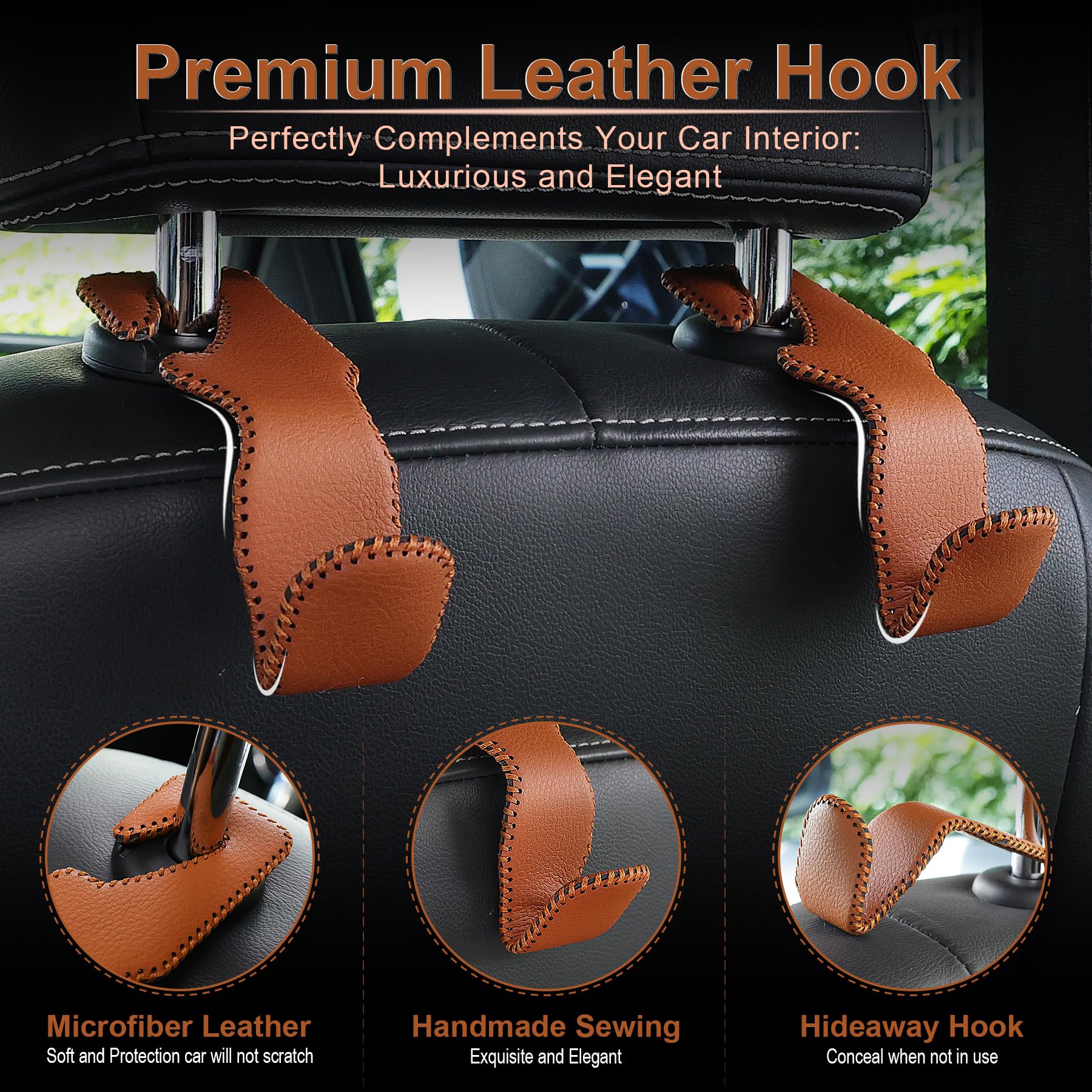 Premium Brown Leather Car Seat Headrest Hook - 2 Pack Auto Organizer for Purse, Coat, Umbrella & Grocery Bags - Durable Interior Accessories for Cars, SUVs & Trucks - Perfect for Road Trips, Commuting & Shopping