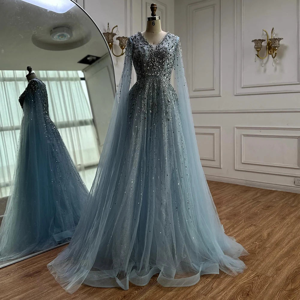 Elegant Blue Evening Gown with Detachable Cape - LA72968 | Perfect for Formal Events, Galas & Special Occasions