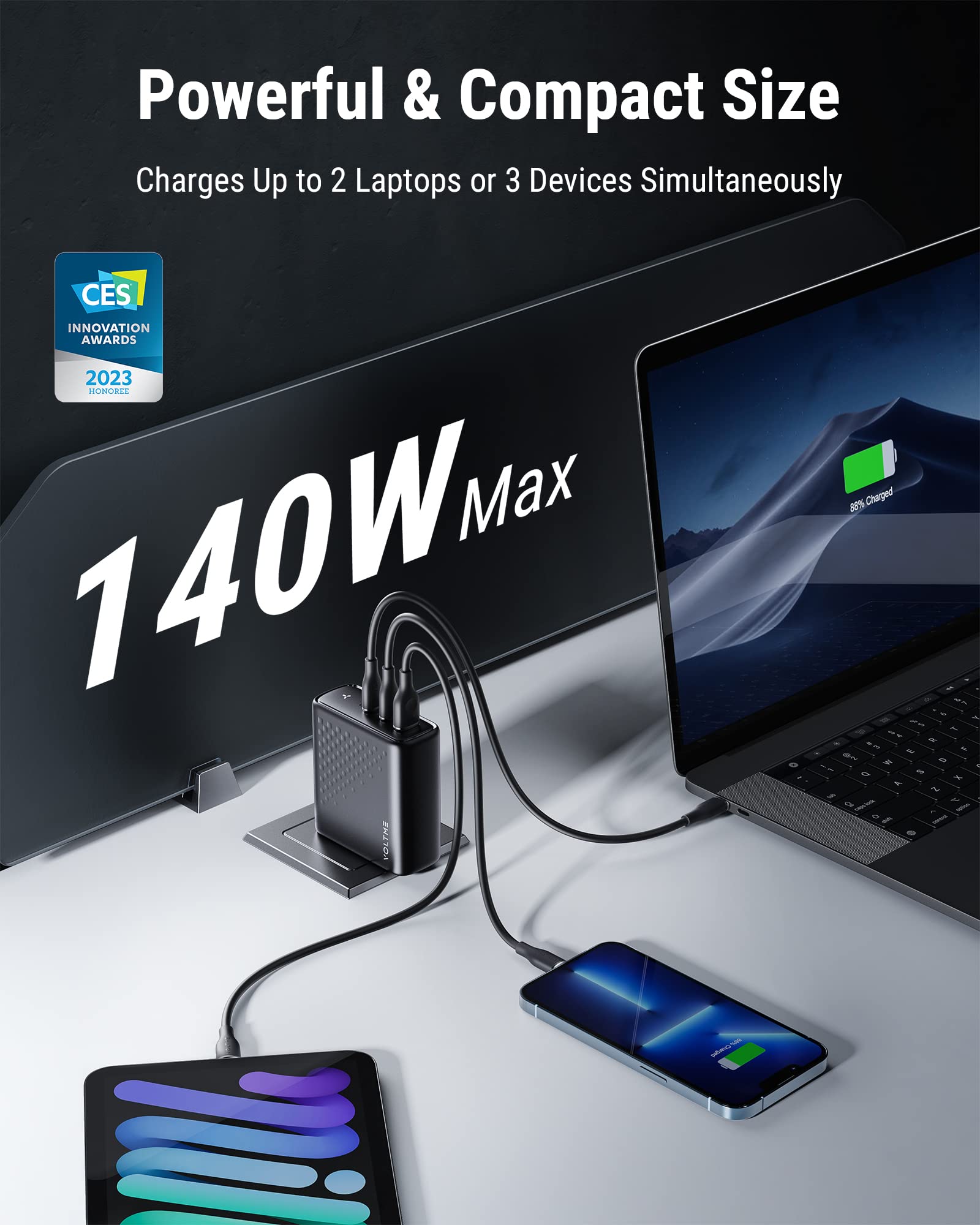 VOLTME 140W USB C GaN Fast Charger, 3-Port PD 3.1 Laptop Charger Block for MacBook Pro 16
