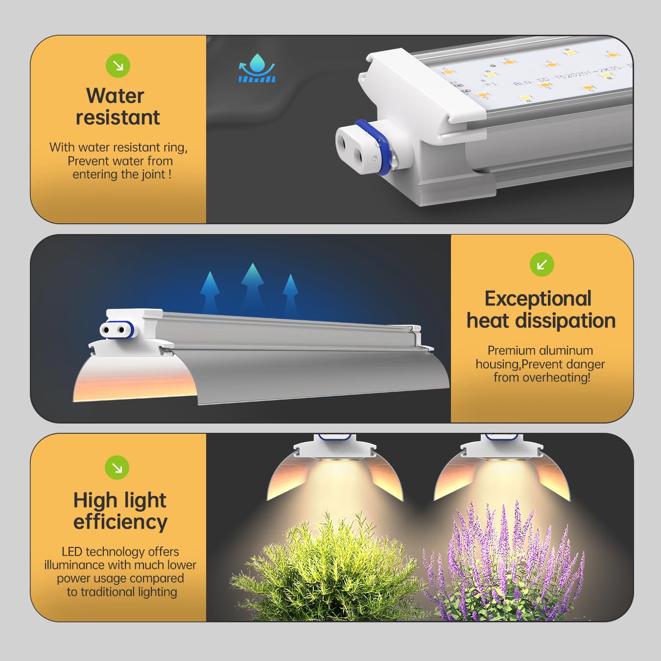 6 Pack LED Grow Lights 1.4FT Full Spectrum 660nm 3600K 108W (6×18W) with Reflectors - Indoor Plant Growing Lamp for Hydroponics, Greenhouse & Home Gardening