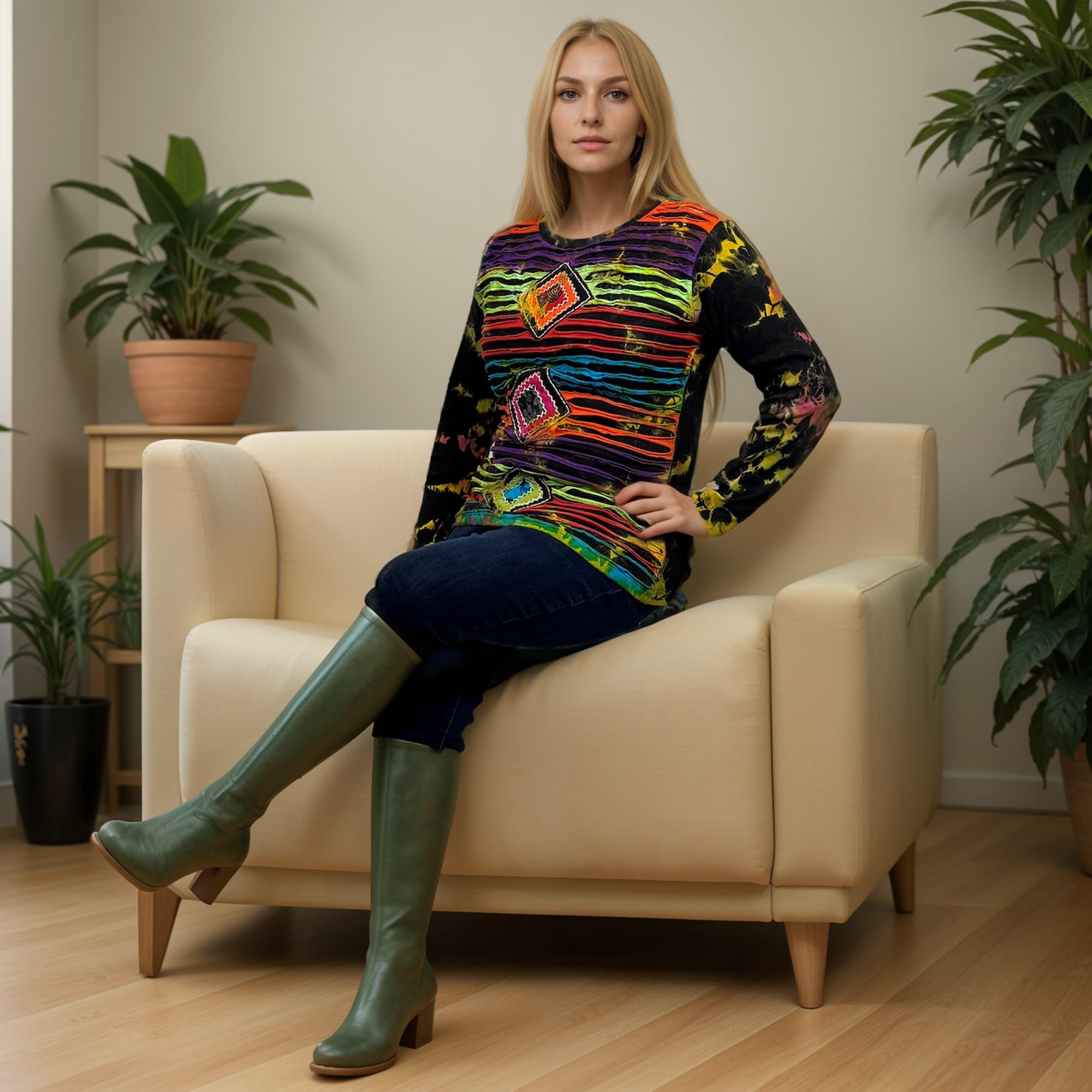 Agan Traders 2025 Spring Women's Bohemian Tie-Dye Knit Jersey Patch Razor Cut Embroidered Long Sleeve Sweatshirt Top Blouse - Casual Chic Outfit for Music Festivals, Beach Coverups & Boho Street Style