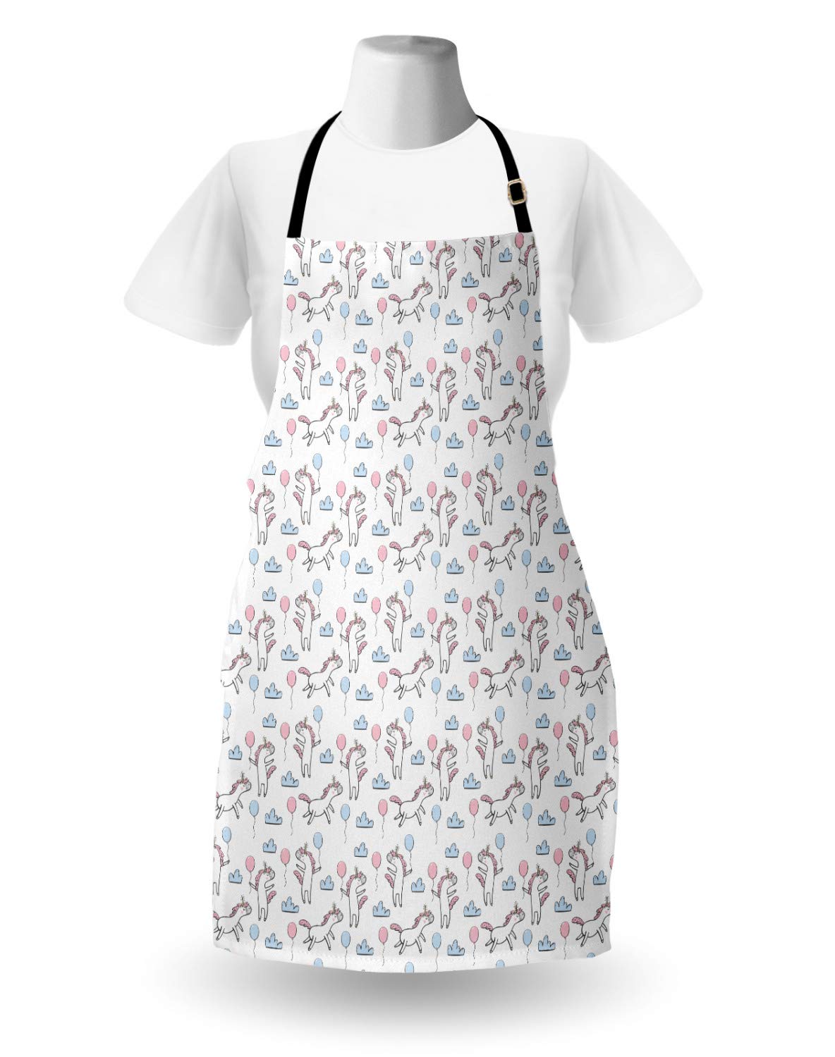 Ambesonne Cartoon Apron - Unisex Kitchen Bib with Clouds, Balloons & Unicorns Pattern - Adjustable Neck for Cooking, Baking, Gardening - Adult Size in Pale Pink & Blue - Perfect for Parties, BBQ & Home Decor