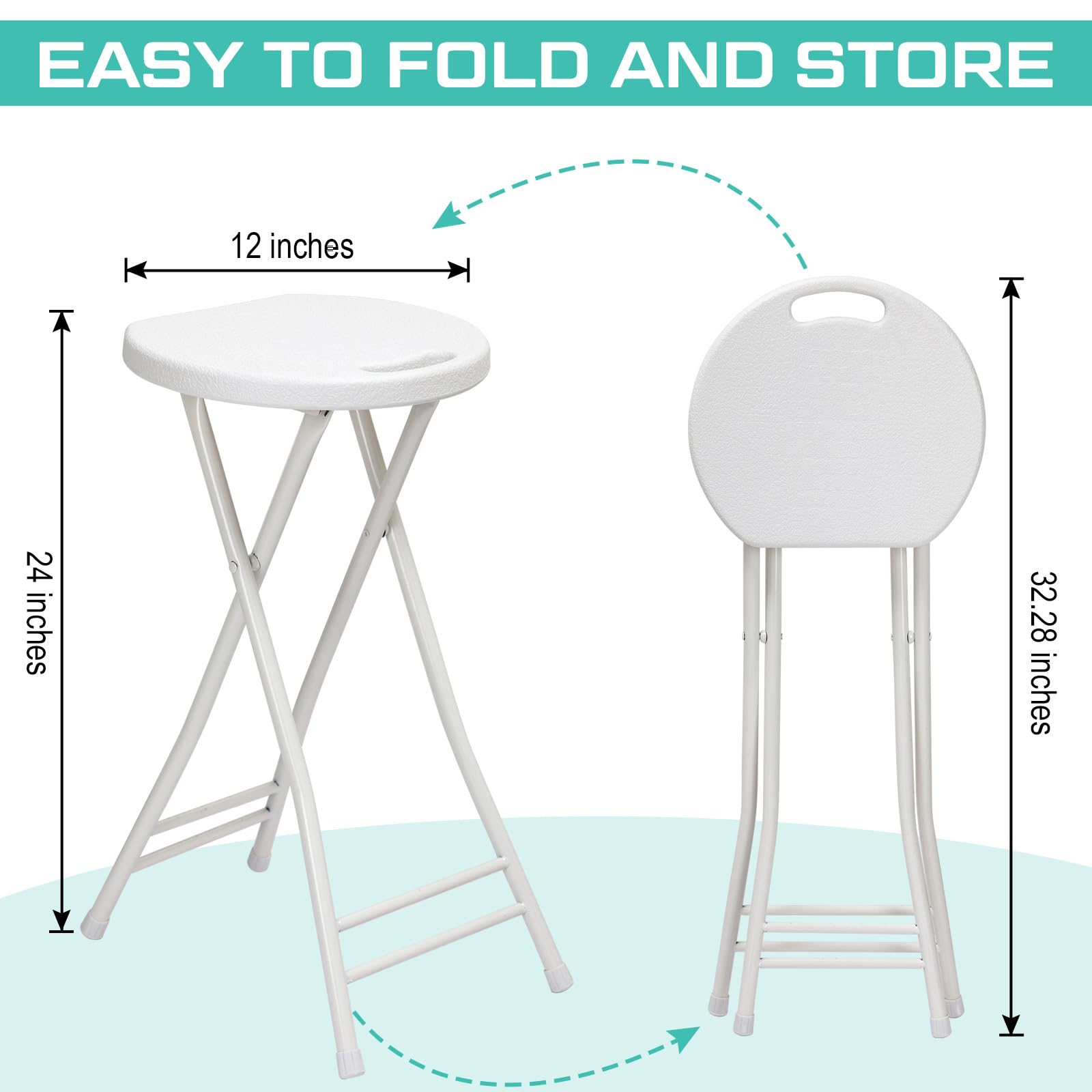 Suzile 2 Pack 24 Inch Folding Stool Chairs - Heavy Duty Portable Plastic Bar Stools with Handle for Adults, 300lbs Capacity - Perfect for Kitchen Counter, Home, Camping, Indoor & Outdoor Use (White)