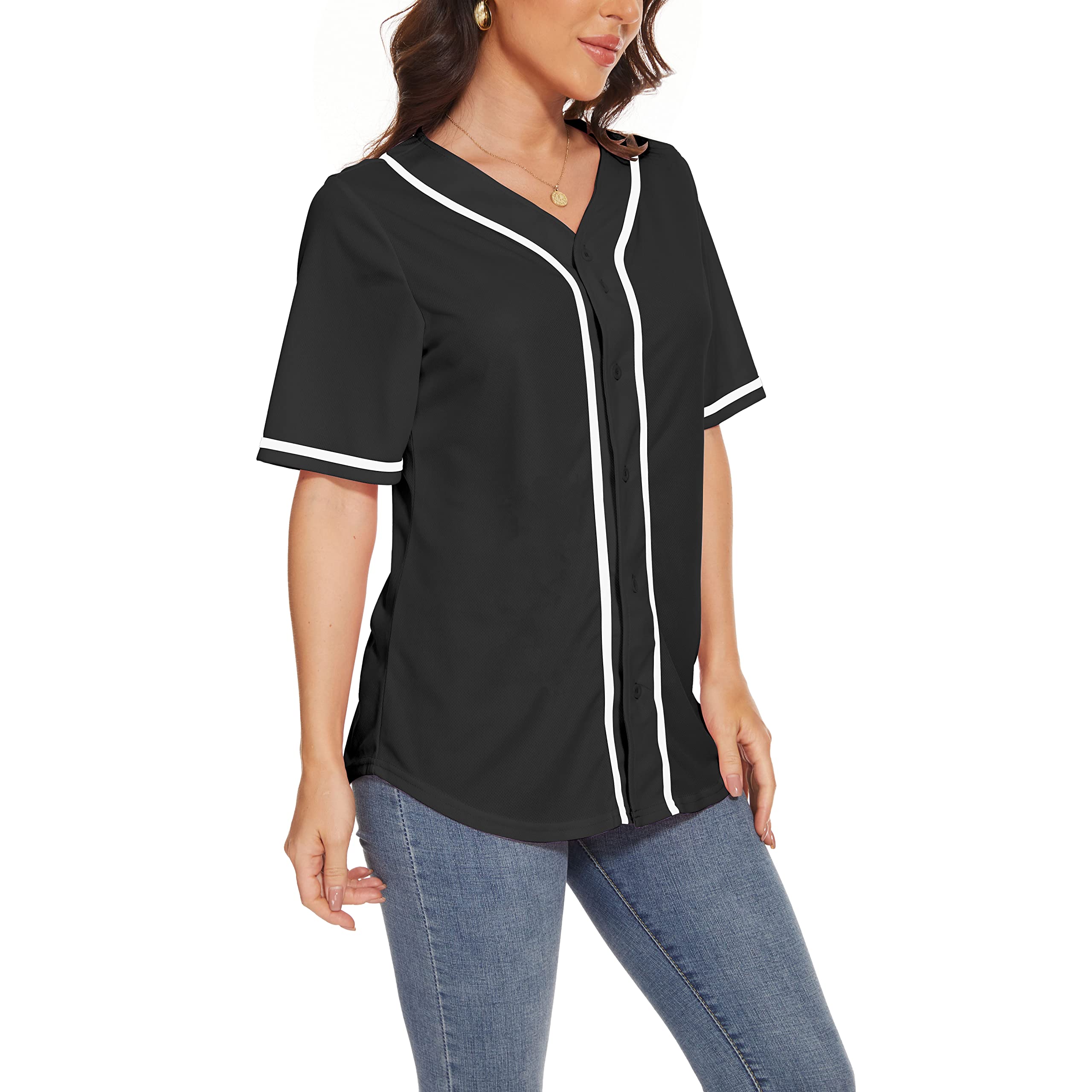 Women's Baseball Jerseys - Blank Button Down V-Neck Softball Team Uniform with Wide Stripes | Fashionable Short Sleeve Top for Casual Wear, Sports Games & Team Events