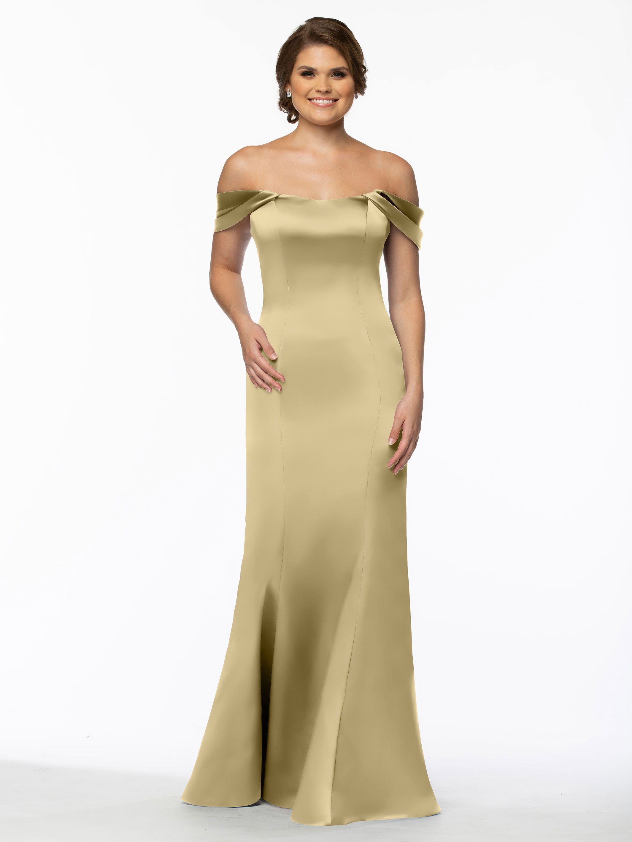 Elegant 80151 Fitted Satin Bridesmaid Dress with Off-The-Shoulder Sleeves - Perfect for Weddings, Formal Events & Special Occasions