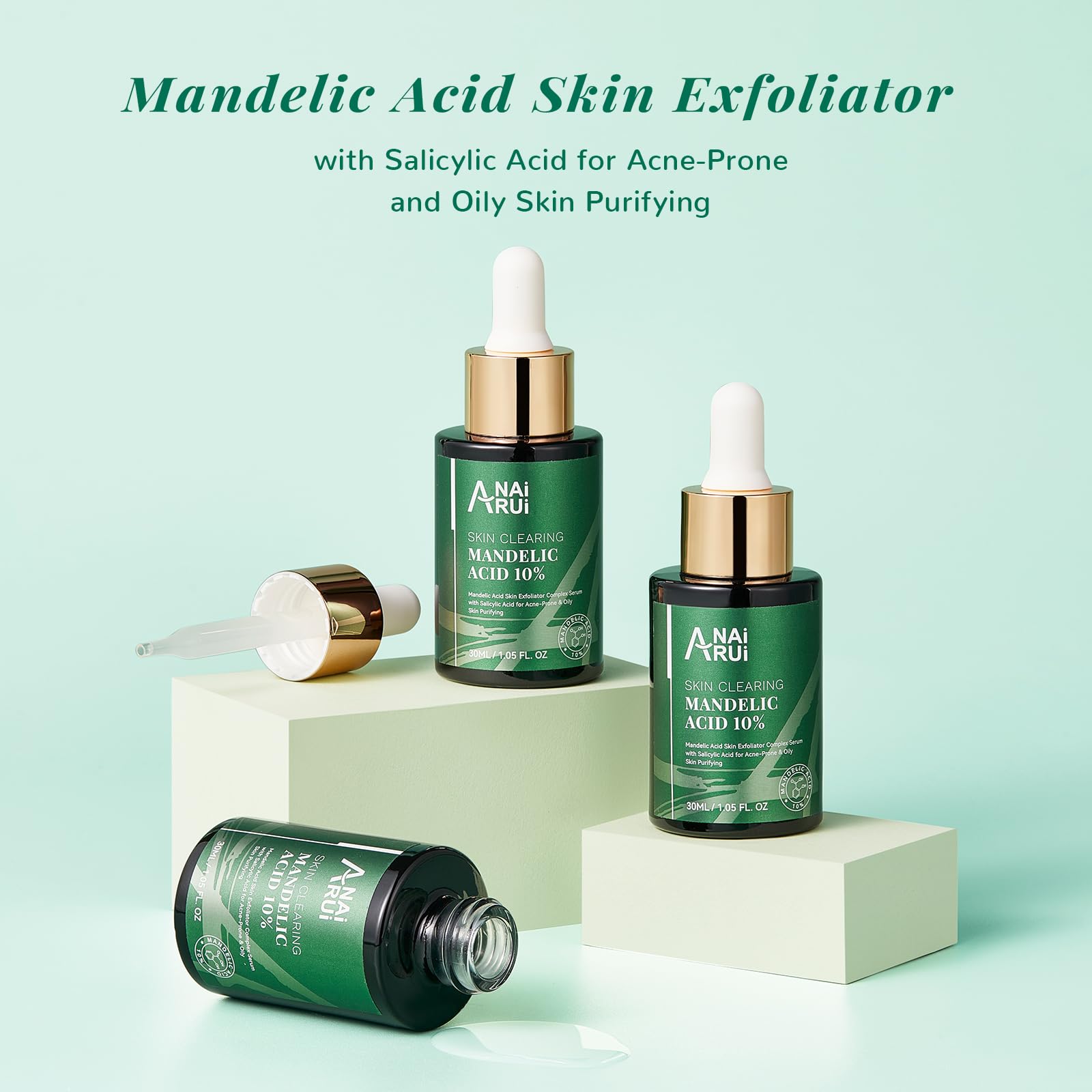 ANAiRUi 2% Salicylic Acid & 10% Mandelic Acid Exfoliating Serum - AHA BHA Peel Solution for Dark Spots, Blackheads, Large Pores, Wrinkles & Fine Lines - 30ml | Brightening Facial Treatment for Acne-Prone & Aging Skin | Day & Night Skincare Routine