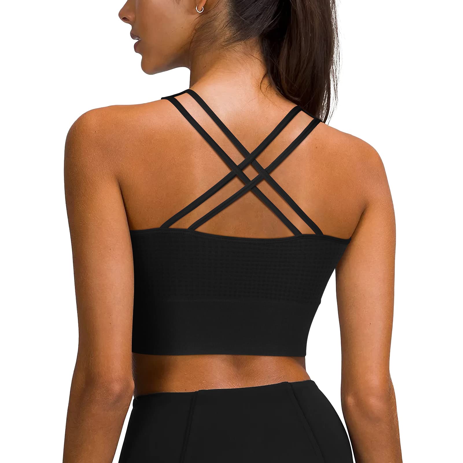 Women's Seamless Longline Strappy Sports Bra - Medium Support Yoga Bra with Removable Cups for Running, Workout & Gym