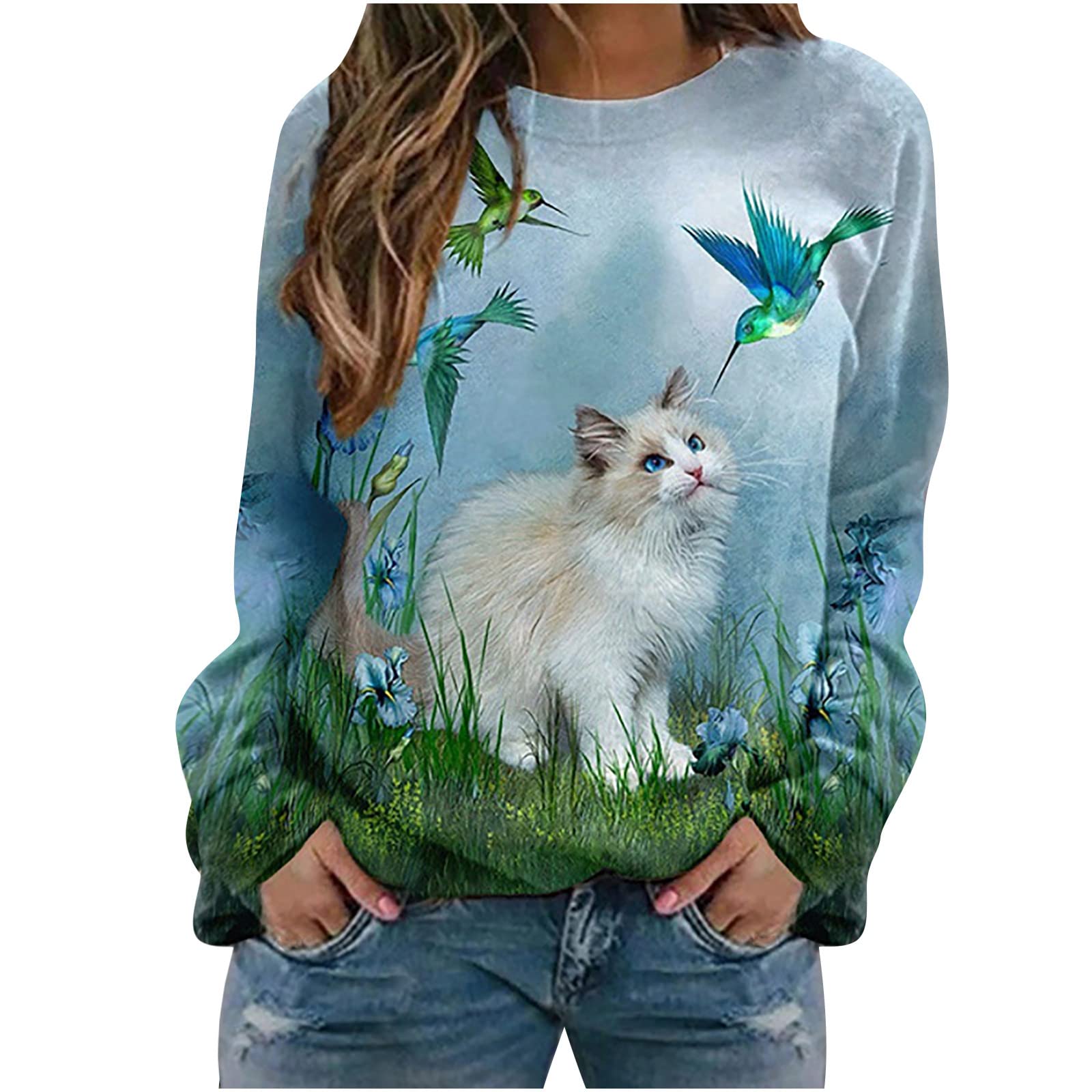 Funny Cute Cat Graphic T-Shirts for Women - Vintage Long Sleeve Crewneck Sweatshirt, Plus Size Summer Workout Top | Perfect for Casual Wear, Gym, and Cat Lovers