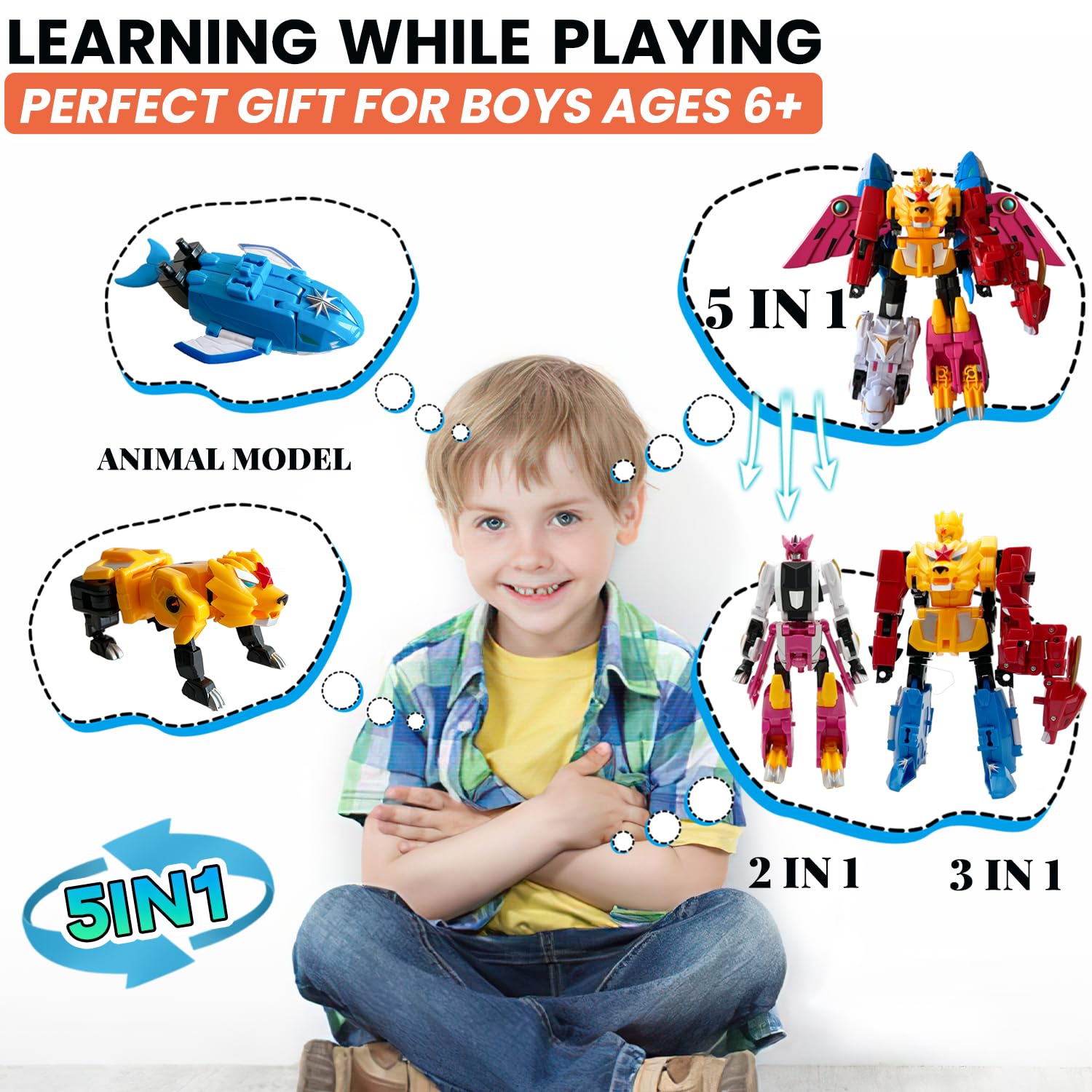 Wenbeier 5-in-1 Transformable Robot Toy Set - Large Animal Action Figures (Lion, Dragon, Whale, Phoenix, Bear) for Kids Ages 6-10 | STEM Learning Take-Apart Construction Toy | Perfect for Creative Play, Birthday Gifts & Collectibles (10 Inches)