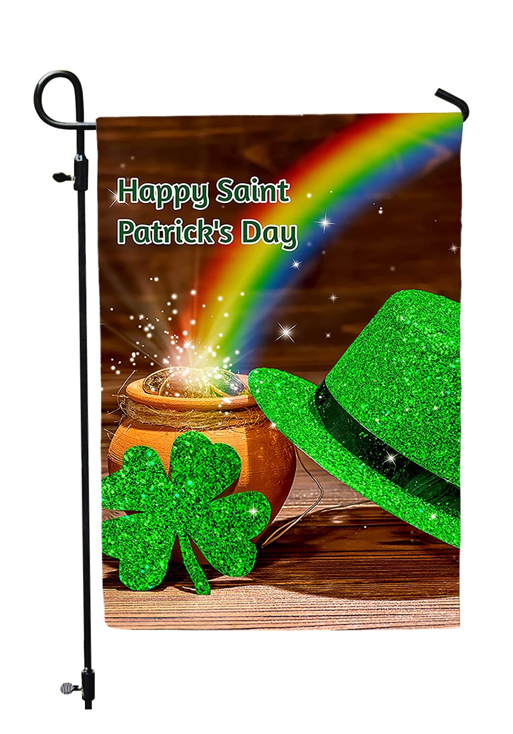 St. Patrick's Day Garden Flag - Double Sided 12x18 Inch Leprechaun Pot of Gold Irish Flag with Shamrock & Rainbow Design - Perfect for Outdoor Decor, Yard Signs, and St. Patrick's Day Celebrations