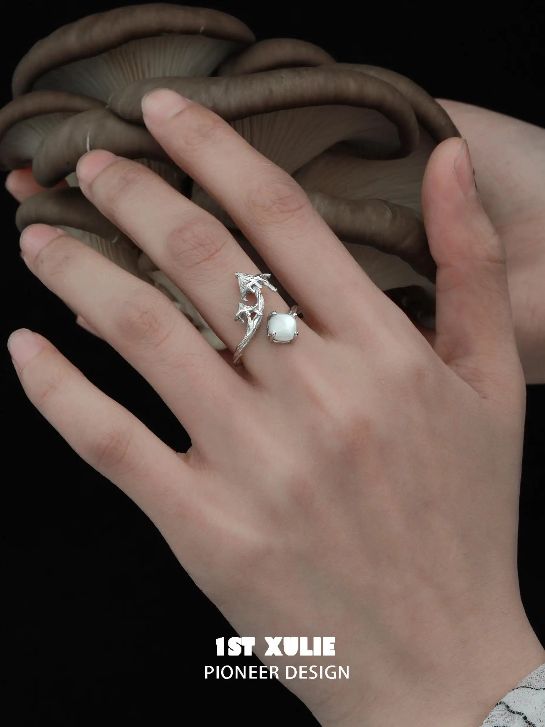 Mushroom Story 925 Sterling Silver Open End Ring for Women - Adjustable Boho Hippie Jewelry - Perfect for Everyday Wear, Festivals & Gifts