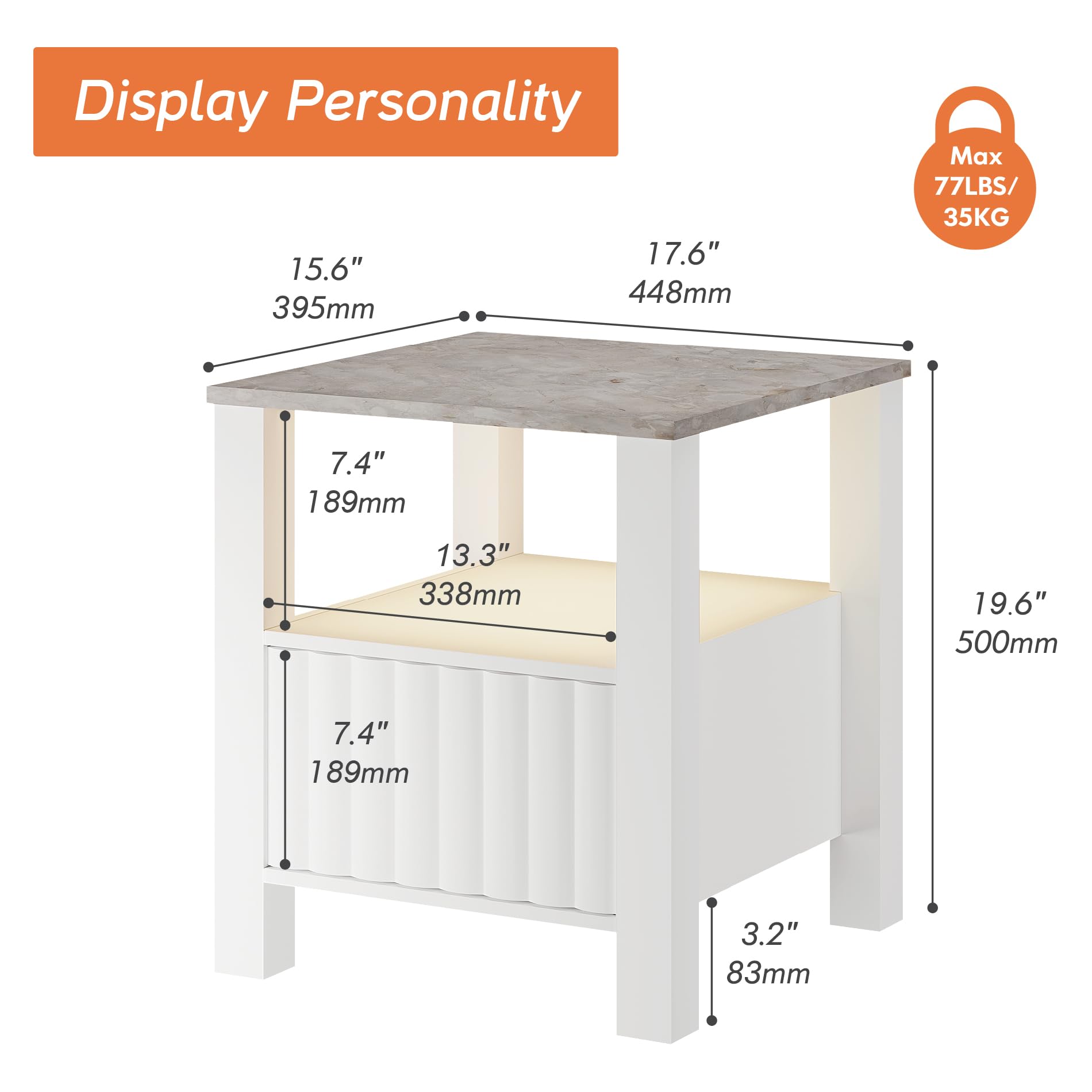 WAMPAT White End Table with Storage Cabinet & Open Shelf, Wood Nightstand with Faux Marble Tabletop & LED Light - Perfect for Living Room, Bedroom & Small Spaces (White/Grey) | Modern Side Table for Home Decor, Apartment Essentials & Cozy Lighting