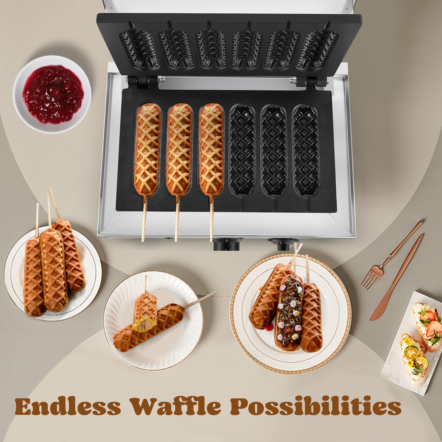 Commercial Corn Dog Waffle Maker Machine - 6 PCS 1550W Stainless Steel Waffles on a Stick Maker with 50-300℃ Temperature Control & 5-Min Timer - 110V White - Perfect for Fairs, Carnivals, Food Trucks & Home Breakfast