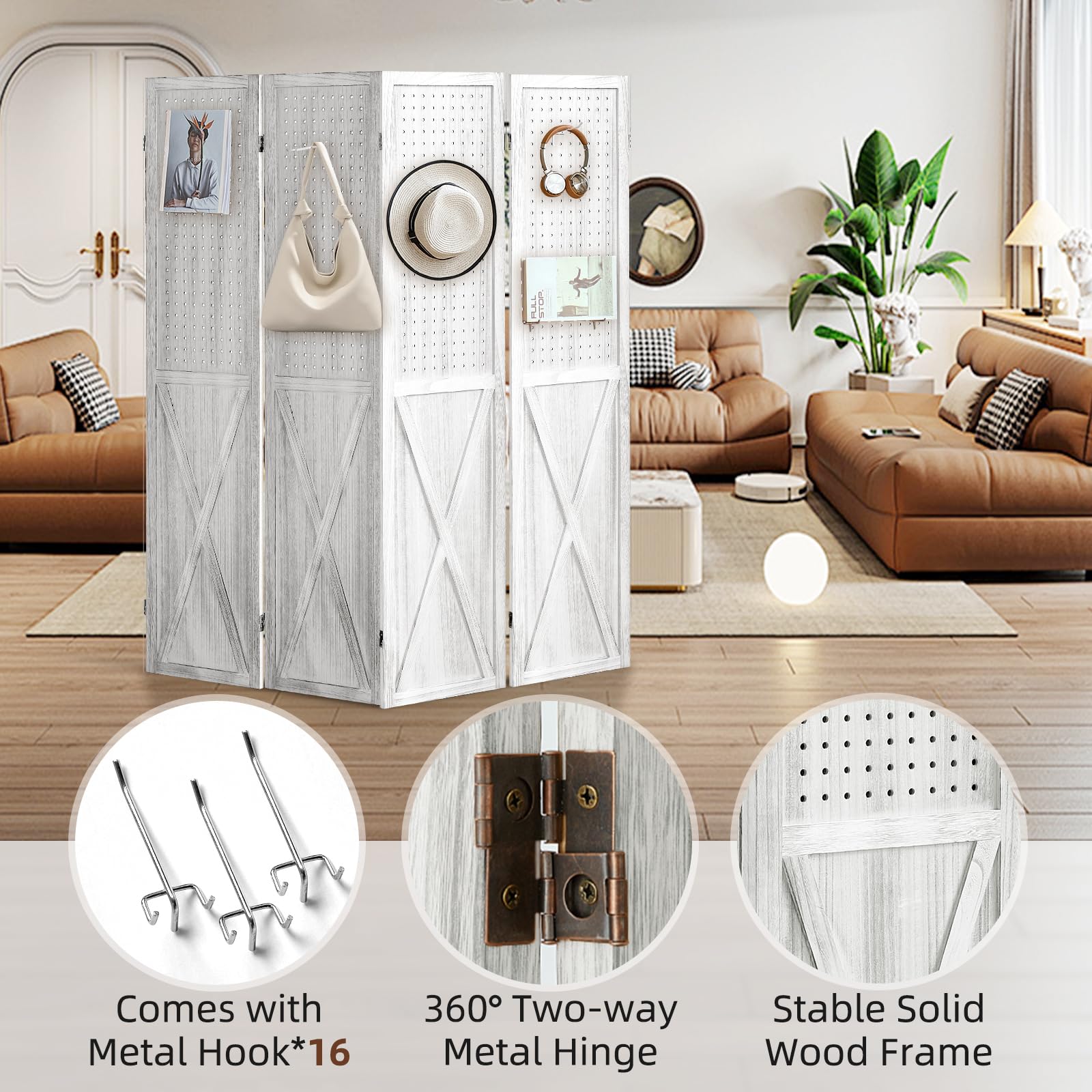 4 Panel Pegboard Room Divider - 5.6Ft Wooden Folding Privacy Screen & Display Organizer for Art, Jewelry, Craft Shows - Perfect for Home Office, Retail Displays, and Event Booths (White)