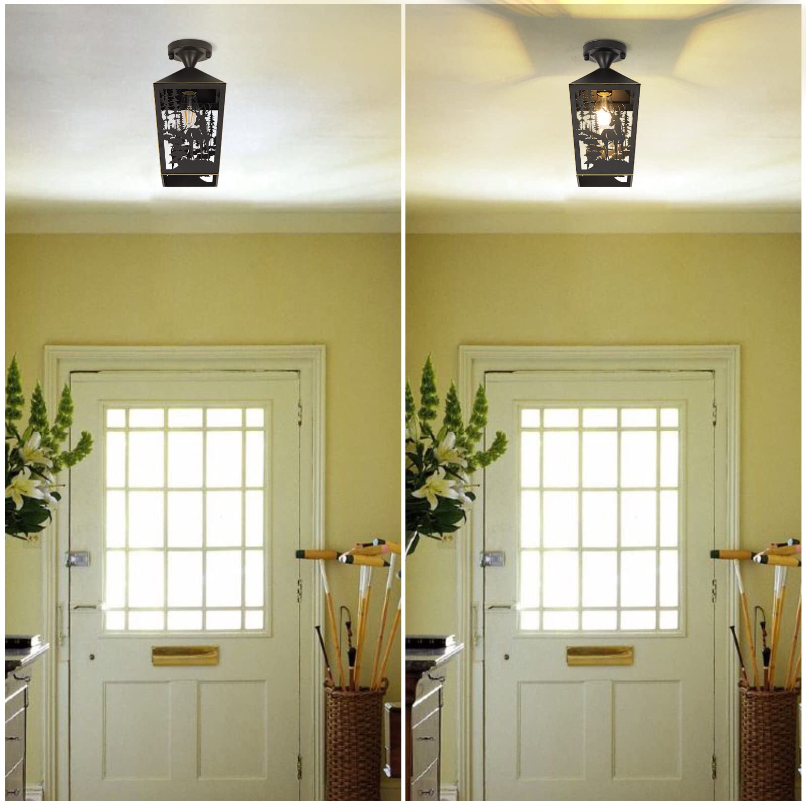 Rustic Black Metal Farmhouse Semi Flush Mount Ceiling Light Fixture with Deer Design - Perfect for Log Cabin, Hallway, Foyer, Kitchen, Balcony & Outdoor Porch Lighting (Bulbs Not Included) | Cozy Cabin & Country Home Decor