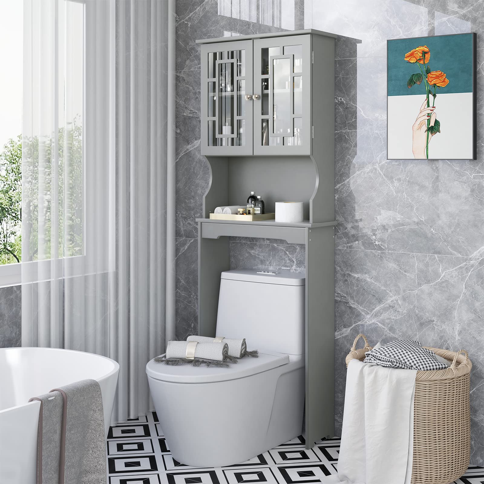 Over The Toilet Storage Cabinet - Wooden Bathroom Organizer with Adjustable Shelves, Double Doors & Open Storage - Space Saving Freestanding Toilet Rack Unit (Gray) - Perfect for Small Bathrooms, Apartments & Dorm Rooms