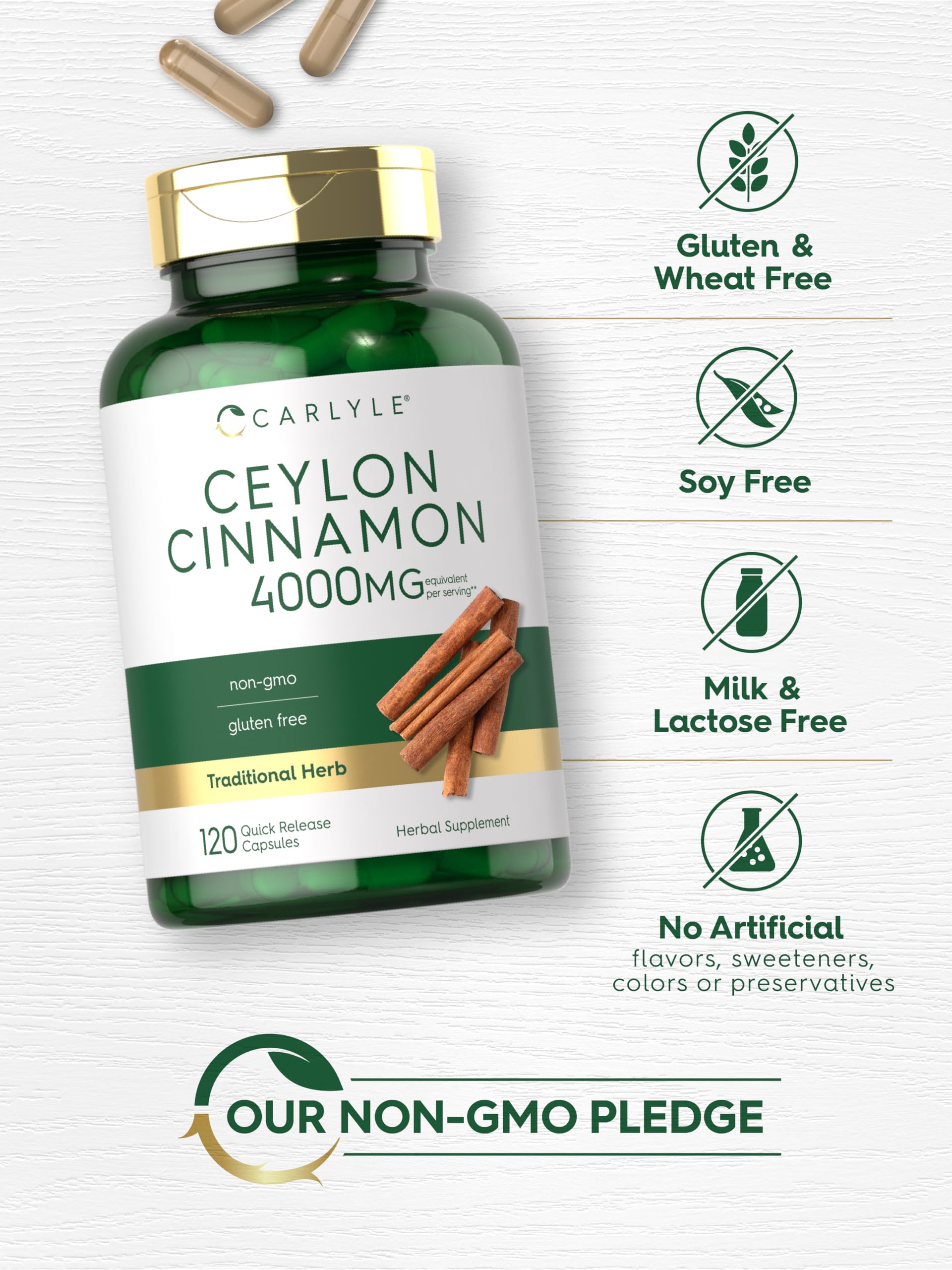 Carlyle Ceylon Cinnamon 4000mg Capsules | 120 Count | Non-GMO, Gluten Free Dietary Supplement | Supports Blood Sugar & Heart Health | Perfect for Daily Wellness Routine