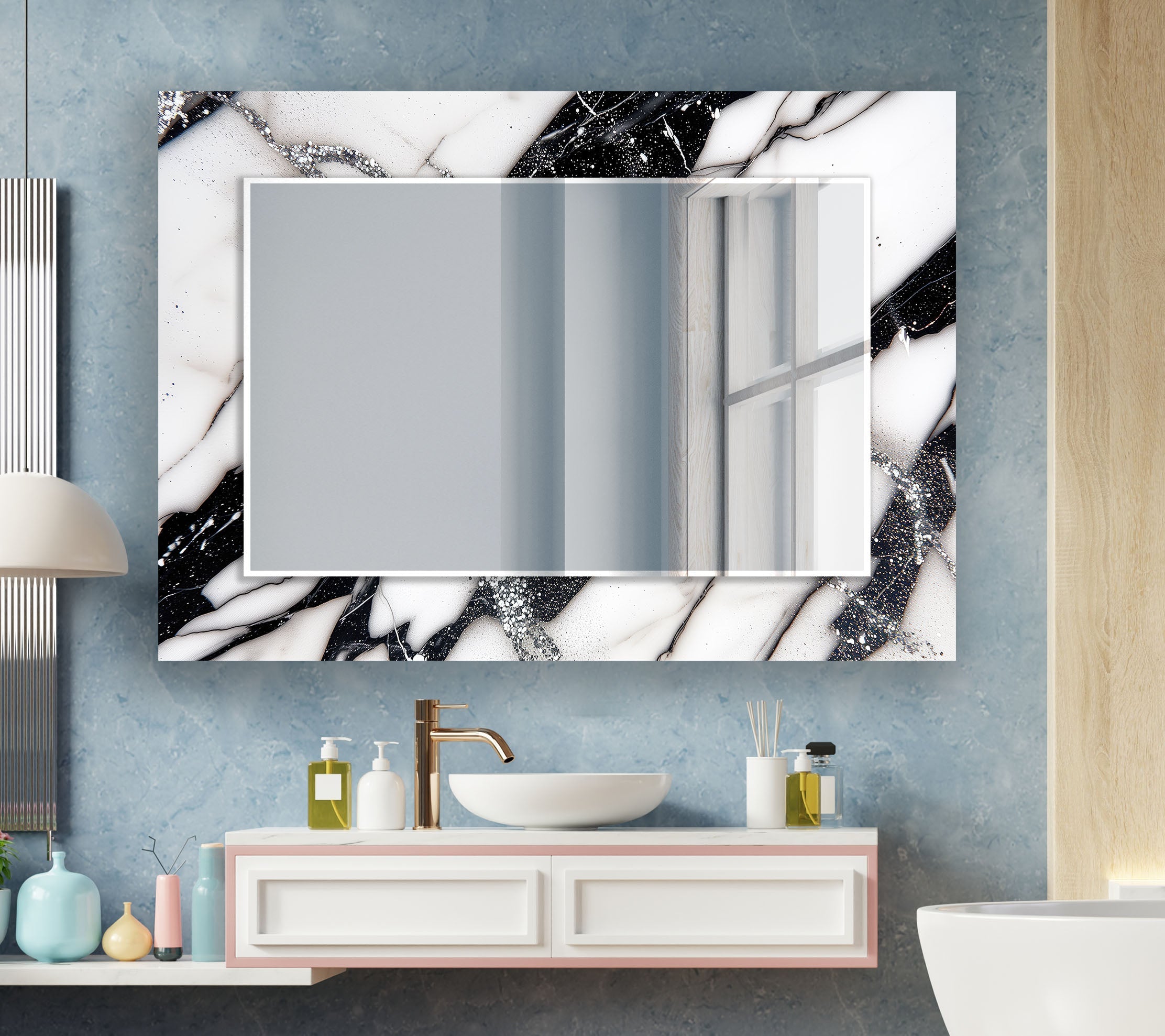 Elegant Black and White Marble Wall Mirror - Modern Home Decor for Living Room, Bedroom, or Entryway
