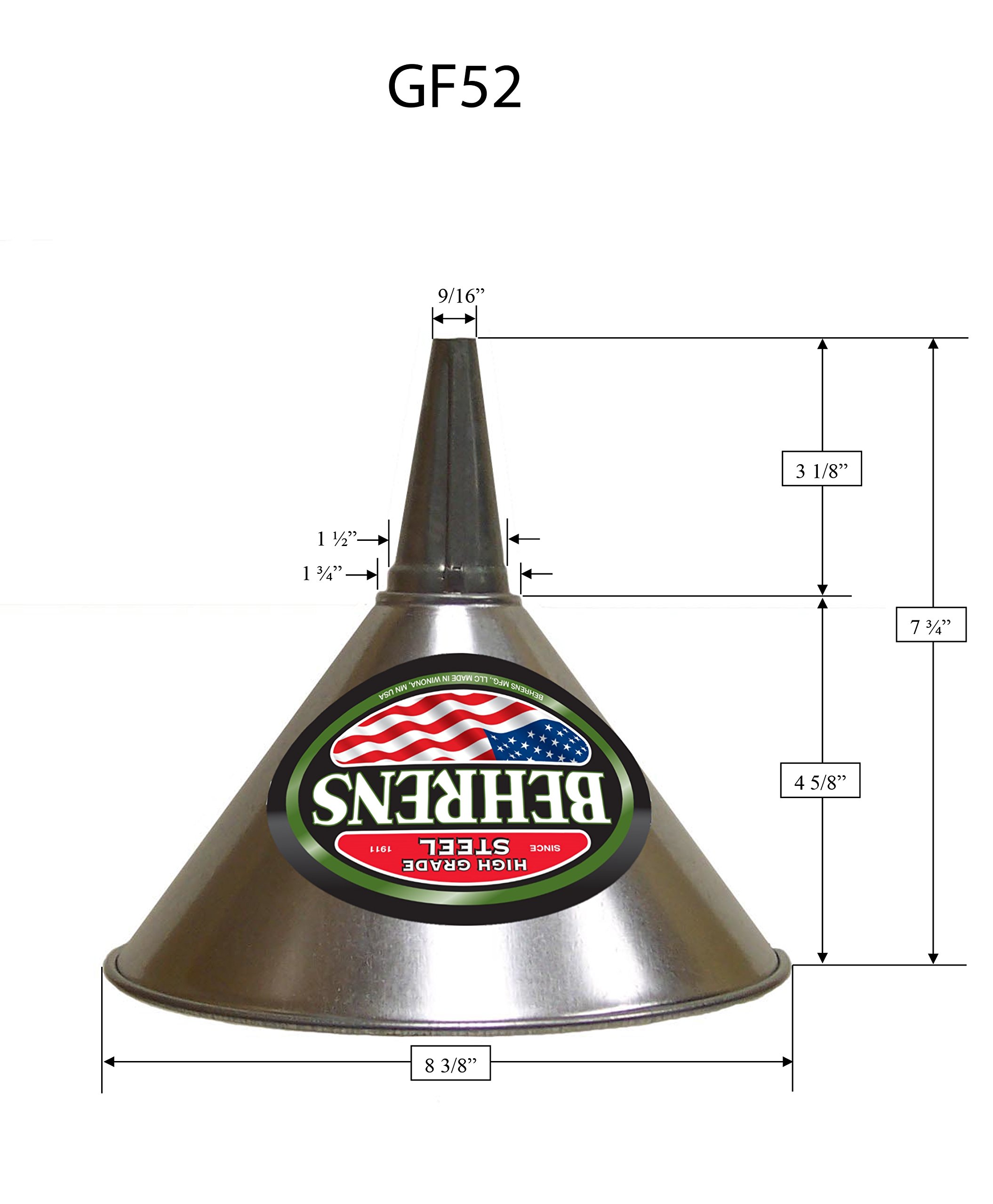 Behrens GF52 2 Quart Galvanized Steel Funnel with Removable Screen - Heavy Duty Kitchen Funnel for Canning, Oil Filtering & Auto Maintenance - Silver