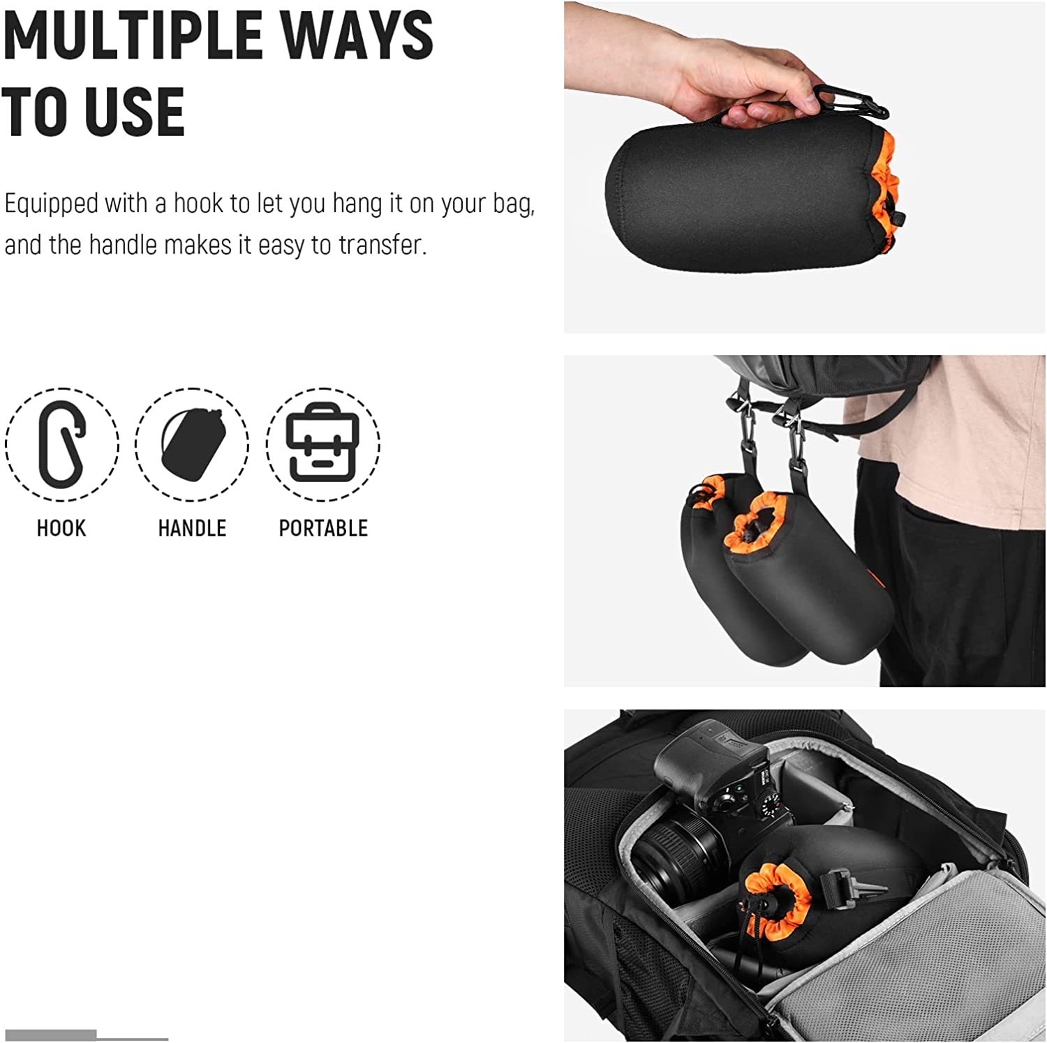 NEEWER 4 Pack Camera Lens Pouch Case - Waterproof Protective Storage Bag for DSLR SLR Lenses (Black/Orange) | Perfect for Travel, Photography Gear Organization & Outdoor Shooting
