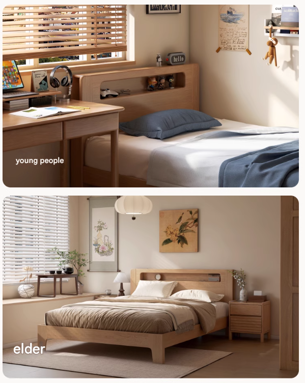 Solid Oak and Beech Wood Bed with Built-in LED Lights and Bookshelf - Modern Bedroom Furniture for Small Spaces, Lofts, and Studio Apartments
