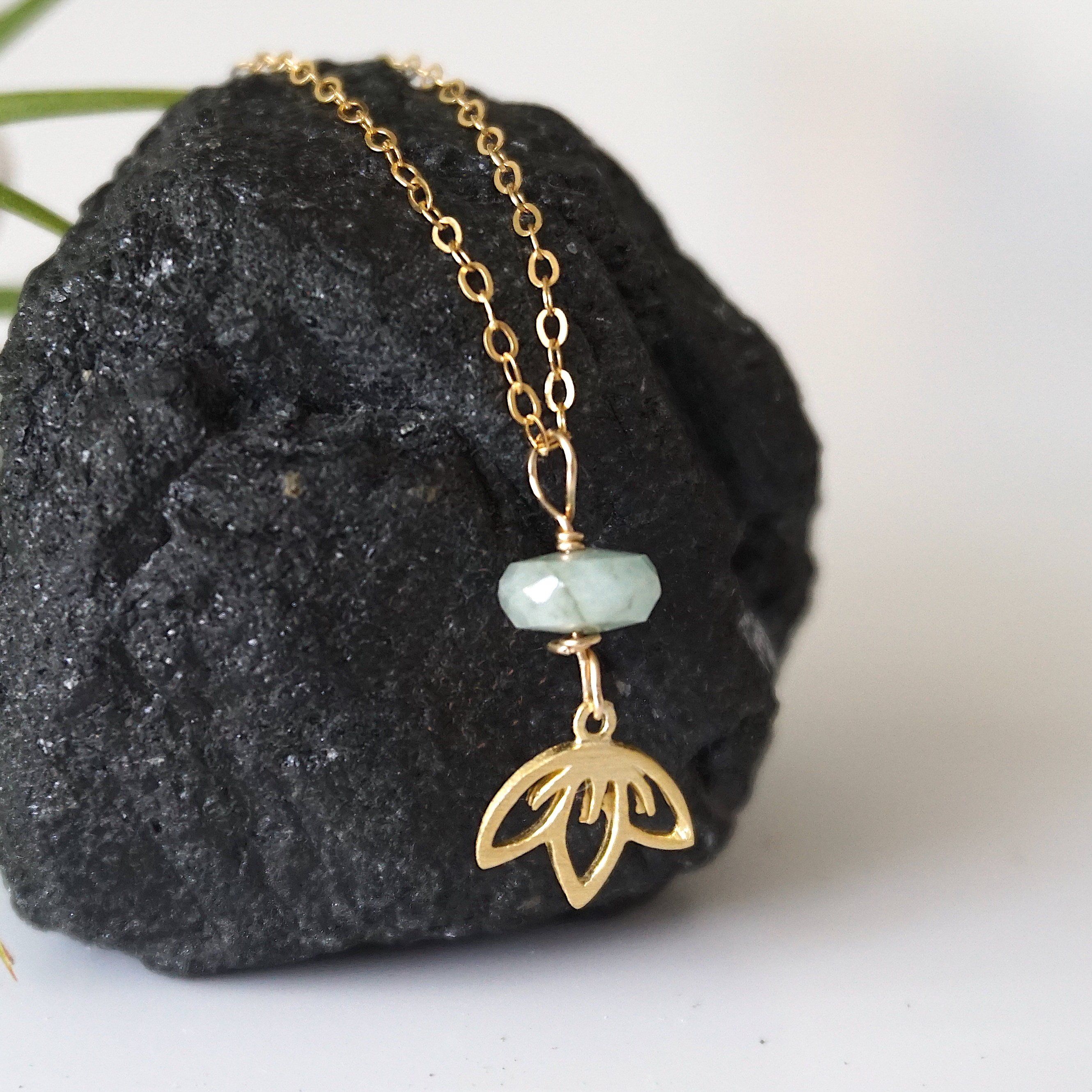 14K Gold Filled Emerald Bead Lotus Charm Necklace for Women - Elegant Jewelry Gift for Birthday, Anniversary & Special Occasions