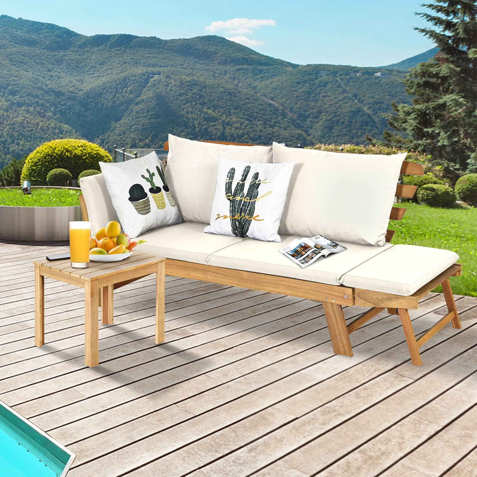 DORTALA Patio Convertible Couch Sofa Bed - Acacia Wood Daybed with Adjustable Armrest, Collapsible Chaise Lounge with Cushions & Pillows - Outdoor Loveseat for Poolside, Courtyard, Garden, Balcony (White) - Perfect for Relaxing, Sunbathing and Outdoor Entertaining