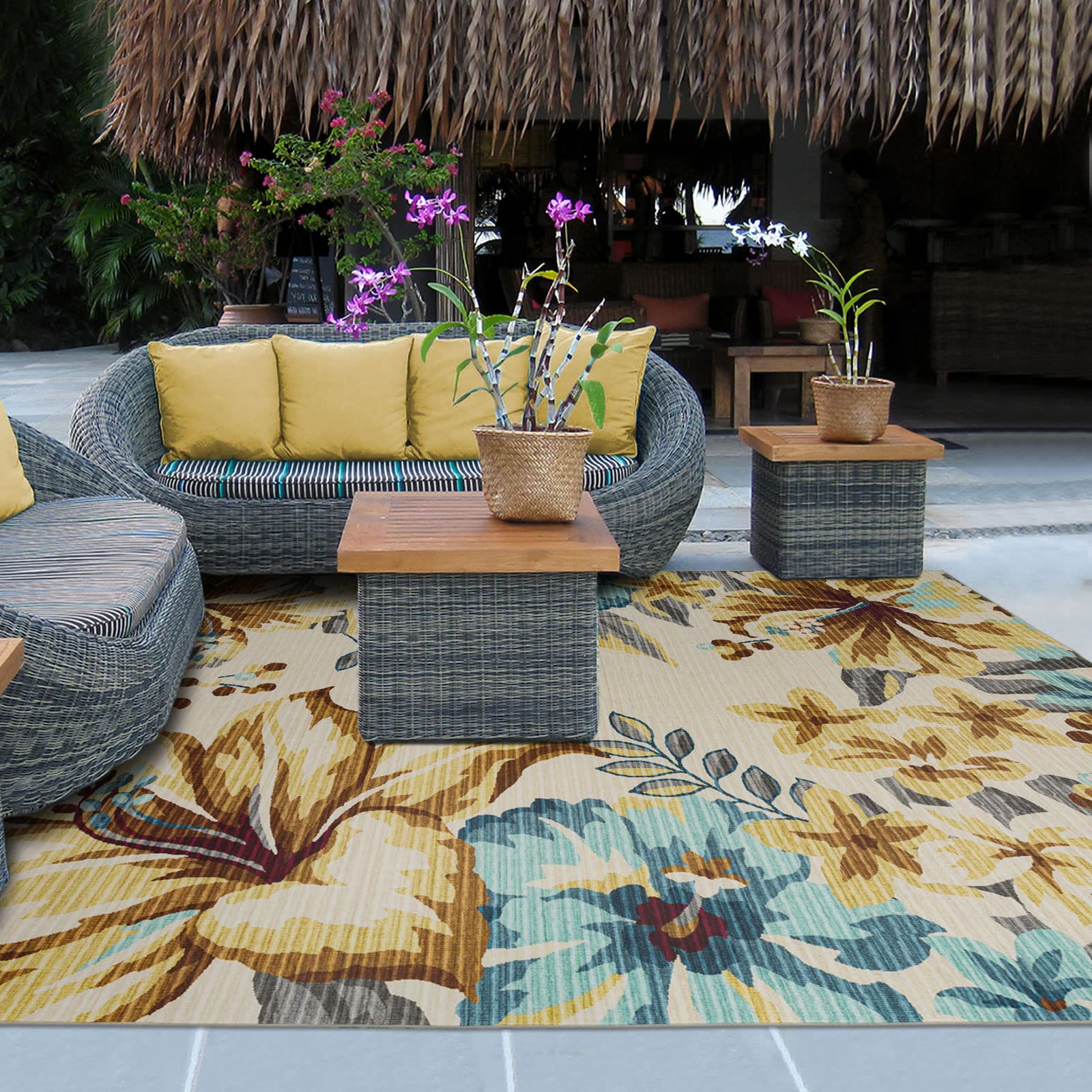 DECOMALL BLODWEN Indoor Outdoor Rugs - Floral Botanical Leaf Tropical Area Rug for Bedroom, Living Room, Deck, Backyard, Balcony, Patio - Yellow 6x9 Feet - Perfect for Boho Decor, Beach House Style & Summer Garden Parties