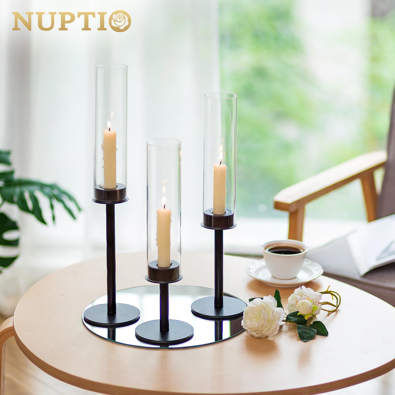 NUPTIO 18-Piece Black Hurricane Candle Holders Set with Crystal Glass Cylinder Sleeves - Metal Taper Candle Stick Holders for Christmas, Thanksgiving, Weddings & Party Centerpieces - Elegant Table Decor for Dining Room, Fireplace Mantel & Holiday Events