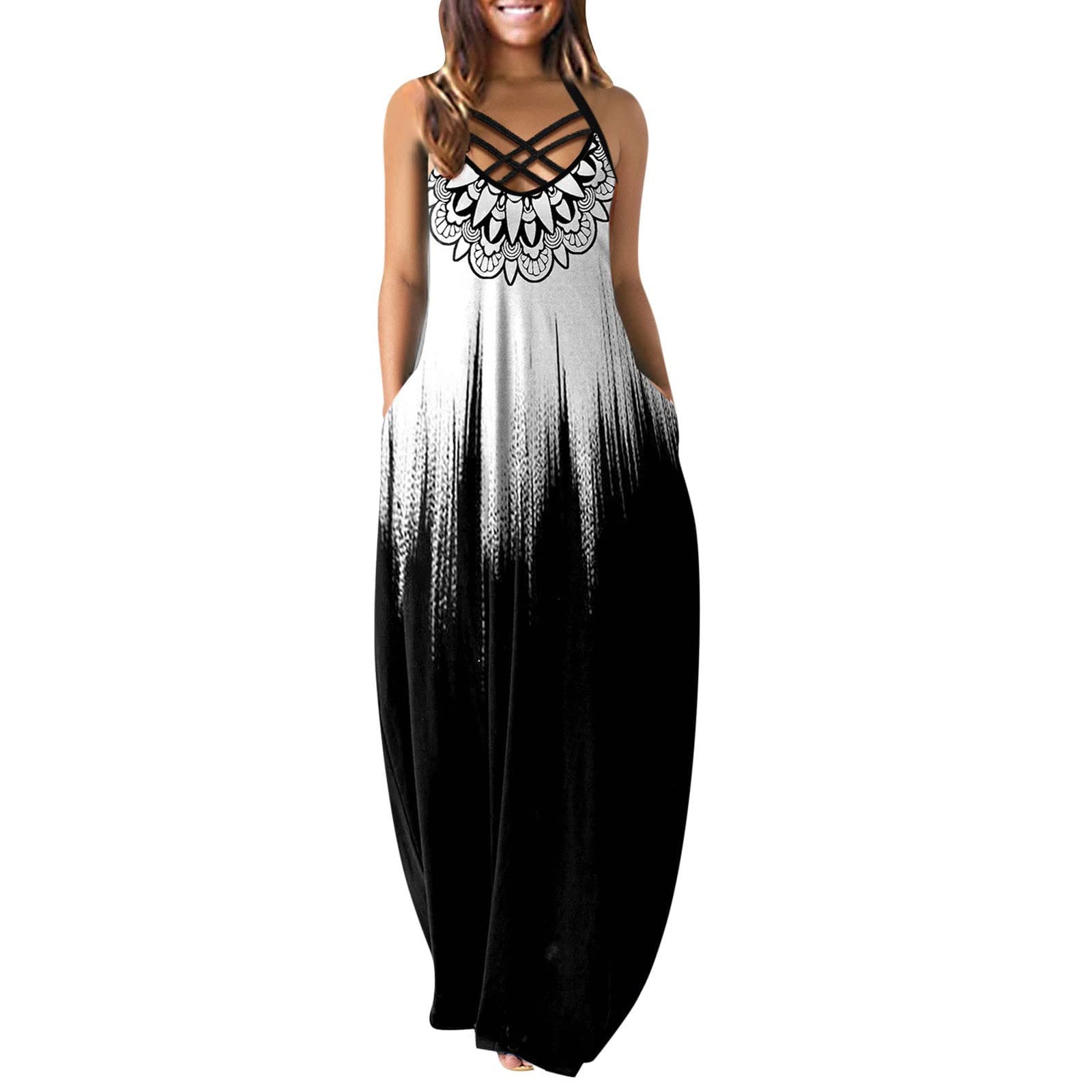**Women's Summer Maxi Dress - Sleeveless Beach Dress with Spaghetti Straps & Criss Cross Neckline, Pockets - Perfect for Vacation, Poolside, and Casual Outings**
