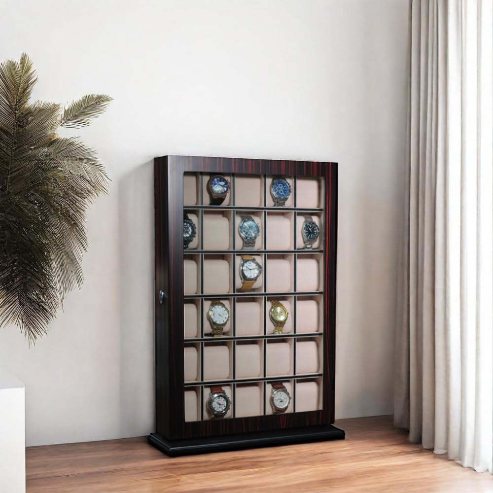30-Piece Ebony Wood Personalized Watch Display Case - Wall Hanging Storage Organizer Box & Stand for Luxury Watch Collectors - Perfect for Home, Office, or Retail Store Display