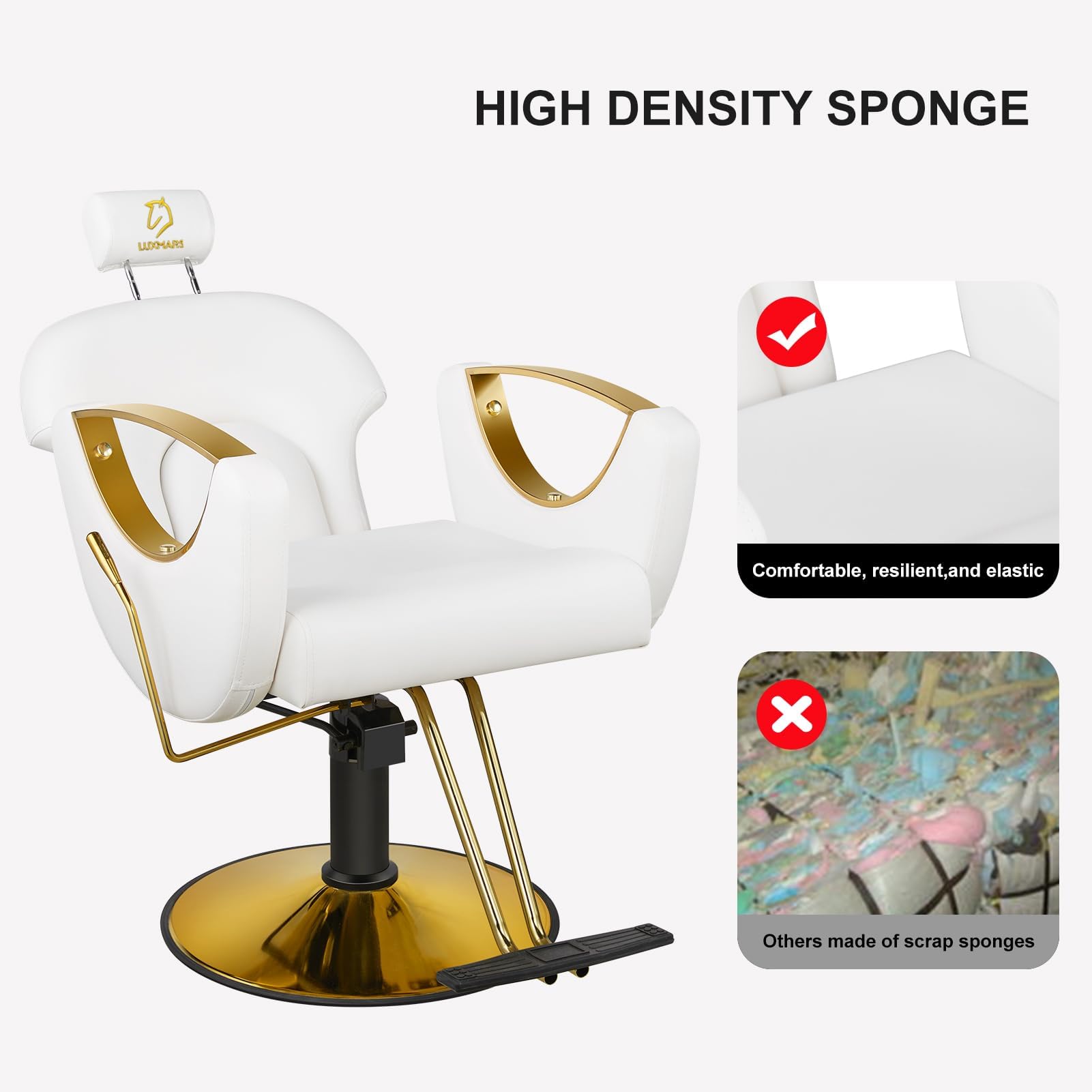 Professional Hydraulic Barber Chair - 360° Swivel Reclining Salon Styling Chair with Rolling Casters | White Hair Cutting & Shampoo Equipment for Barber Shops & Home Salons