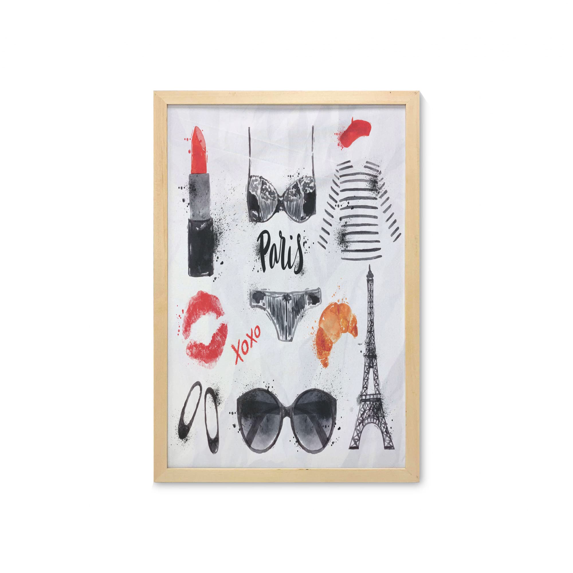 Lunarable Paris Wall Art with Frame - Eiffel Tower, Glasses, Lipstick & Fashion Accessories Print | 23