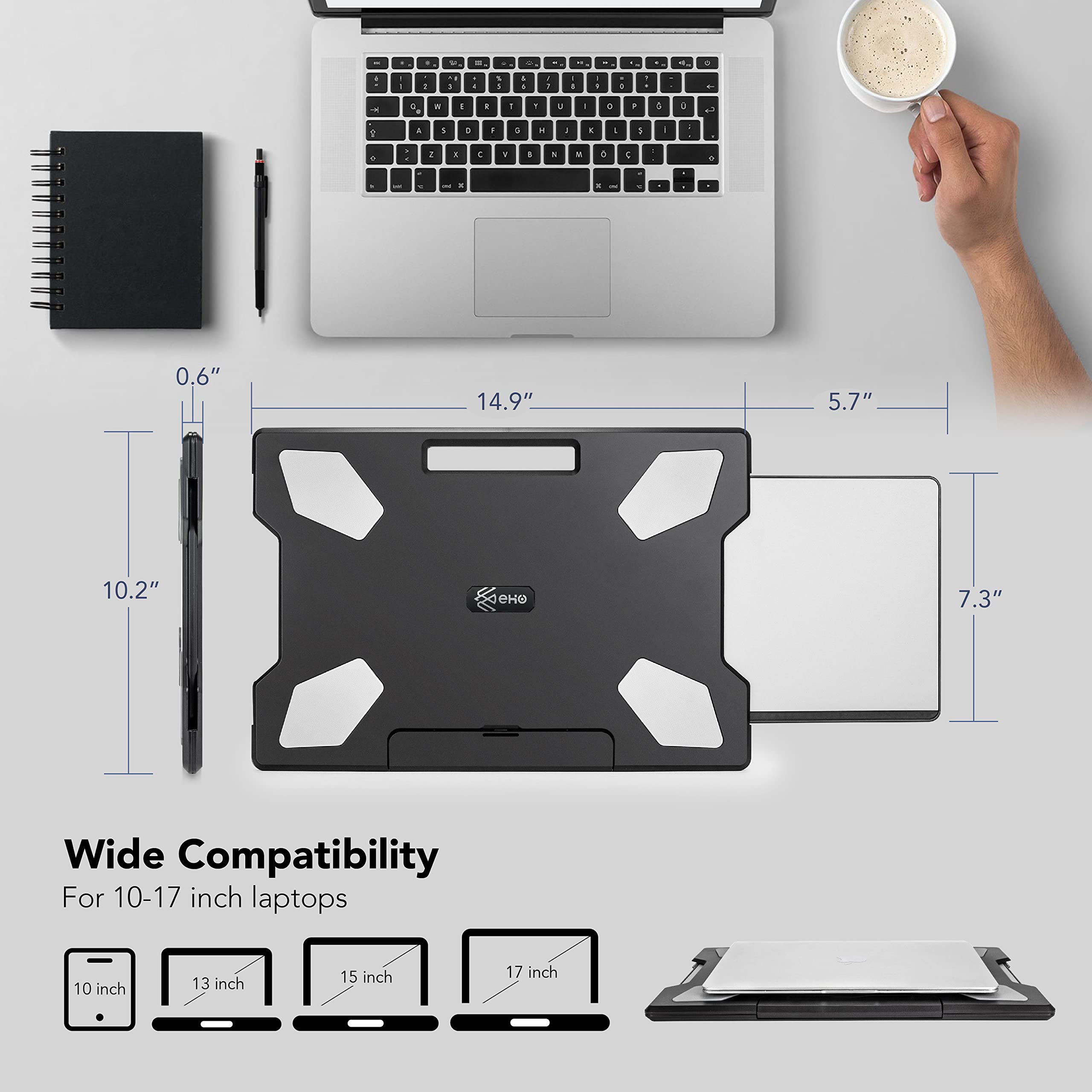 EHO Portable Lightweight Laptop Cooling Pad with Foldable Stopper & Retractable Mouse Tray - Left/Right Adjustable for Work, Study, Sofa Use | Home Office & Travel Laptop Accessory
