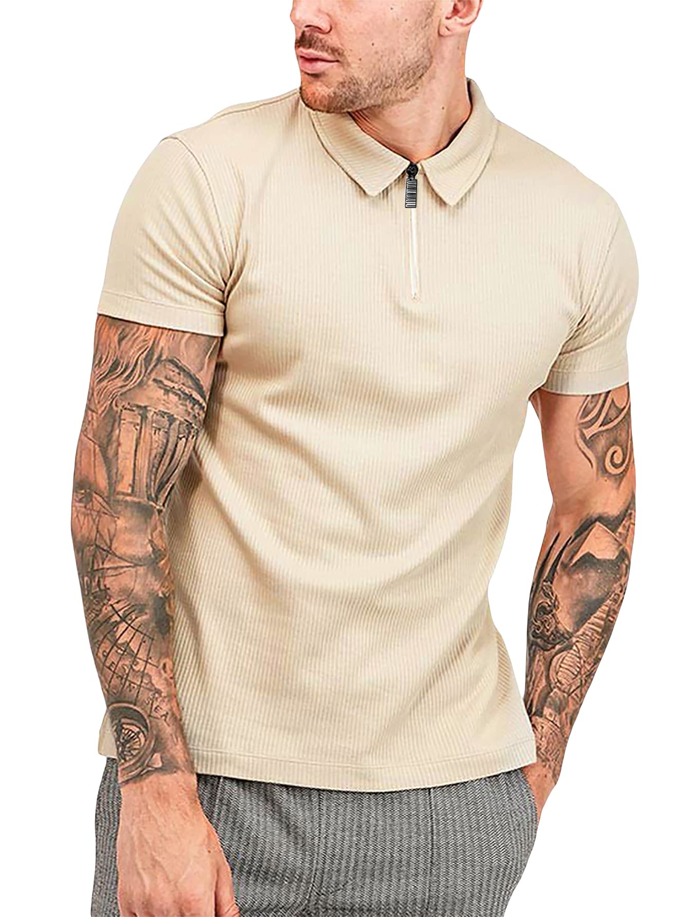 WDIRARA Men's Slim Fit Polo Shirts for Golf & Summer Casual Wear - Breathable Short Sleeve Contrast Collar T-Shirts - Perfect for Golfing, Office, and Outdoor Activities