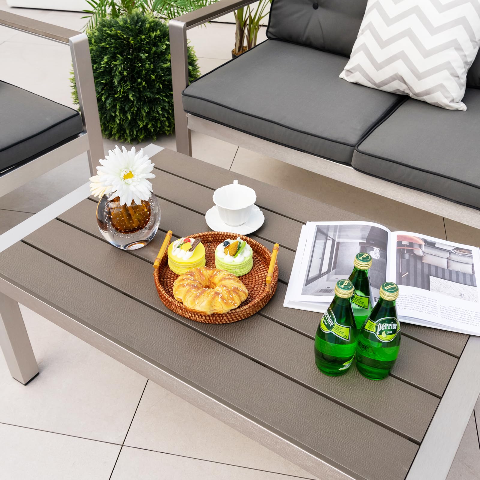 Tangkula Modern Outdoor Coffee Table - Aluminum Frame & Durable Plastic Wood Tabletop, Rustproof Rectangular Cocktail Table for Patio, Garden, Poolside - All-Weather Grey Accent Furniture for Relaxing & Entertaining