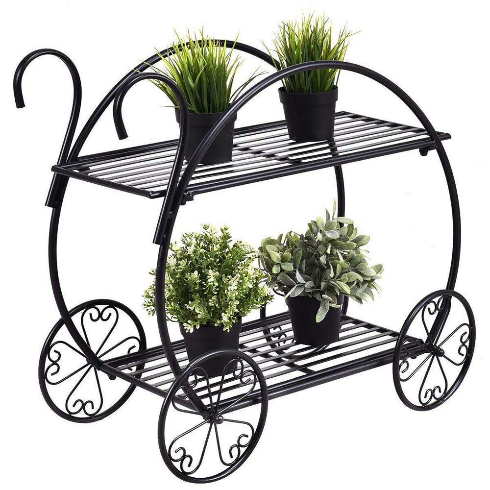 WEI WEI GLOBAL 2-Tier Metal Plant Stand with Wheels - Heavy Duty Rolling Flower Pot Holder for Indoor & Outdoor Plants - Perfect for Home, Garden, Patio and Balcony Decor
