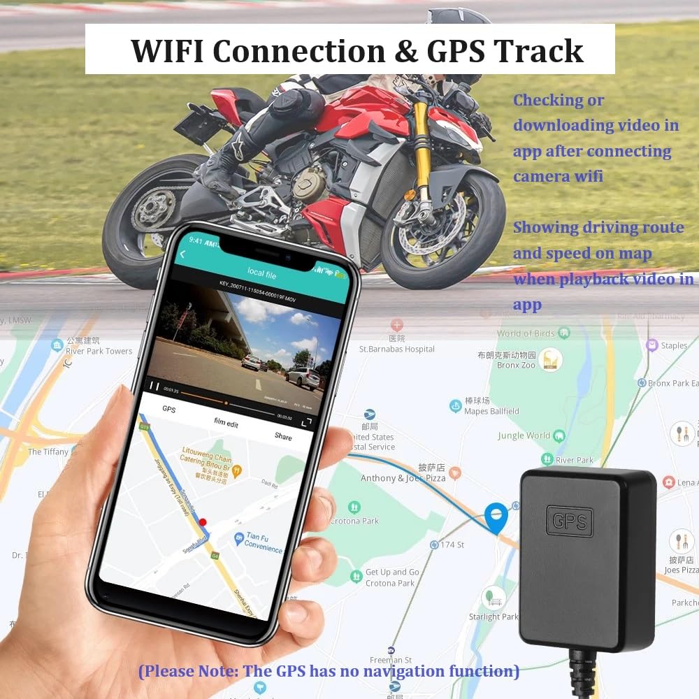 VSYSTO 3 Inch Waterproof Motorcycle Dash Cam with WiFi, 140° Wide Angle Lens, Dual 1080P Front & Rear Camera, GPS, Night Vision, Parking Monitoring - Ideal for Motorbike Safety Recording and Adventure Riding