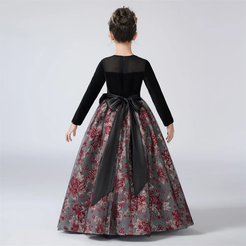 Vintage Velvet Long Sleeve Girls Party Dress - Elegant Pageant Gown for Special Occasions, Holidays & Photo Shoots