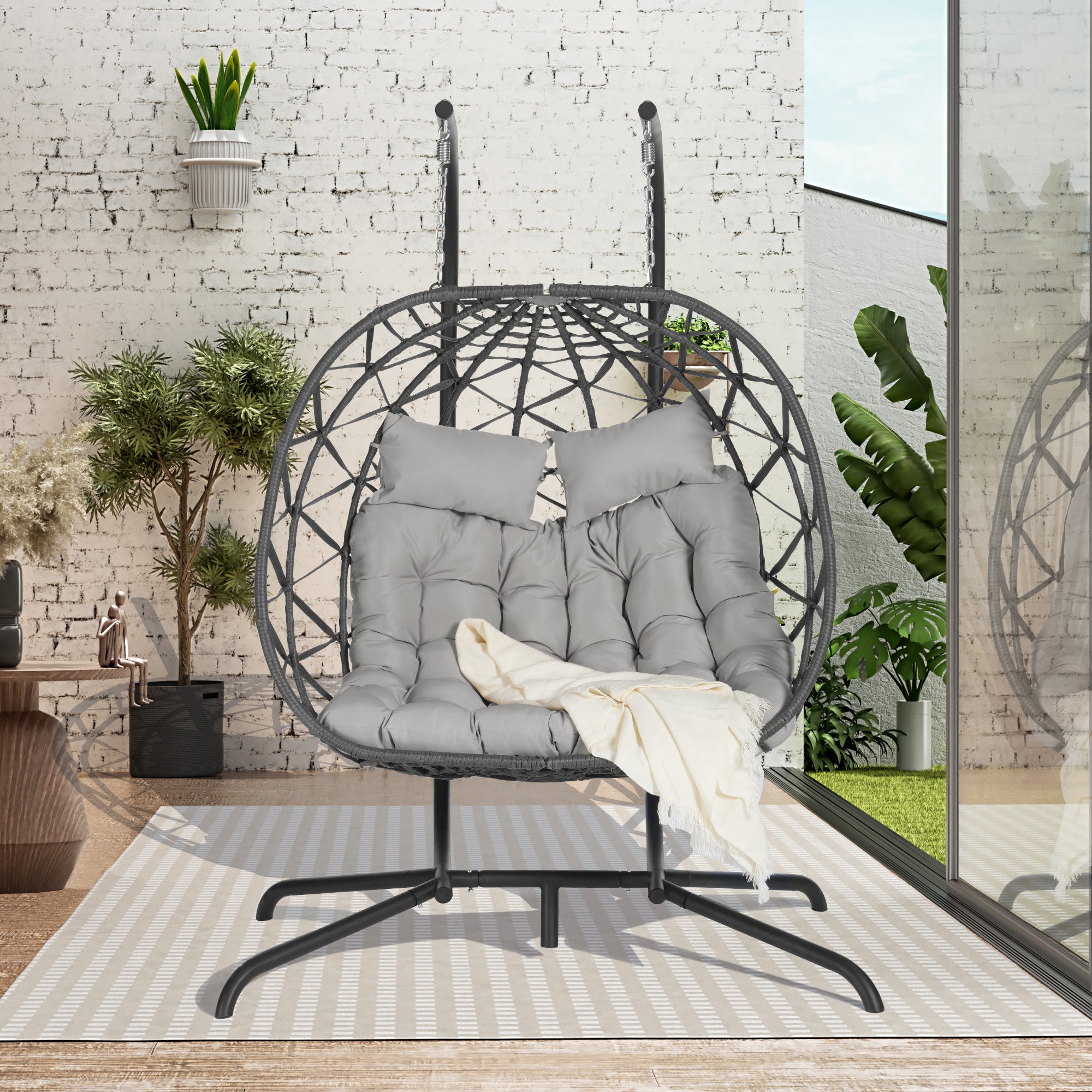 Double Egg Chair with Stand - Hanging Indoor/Outdoor Wicker Rattan Swing Chair with UV-Resistant Cushions (600 lbs Capacity) - Perfect for Bedroom, Balcony, Patio, Garden & Backyard Relaxation