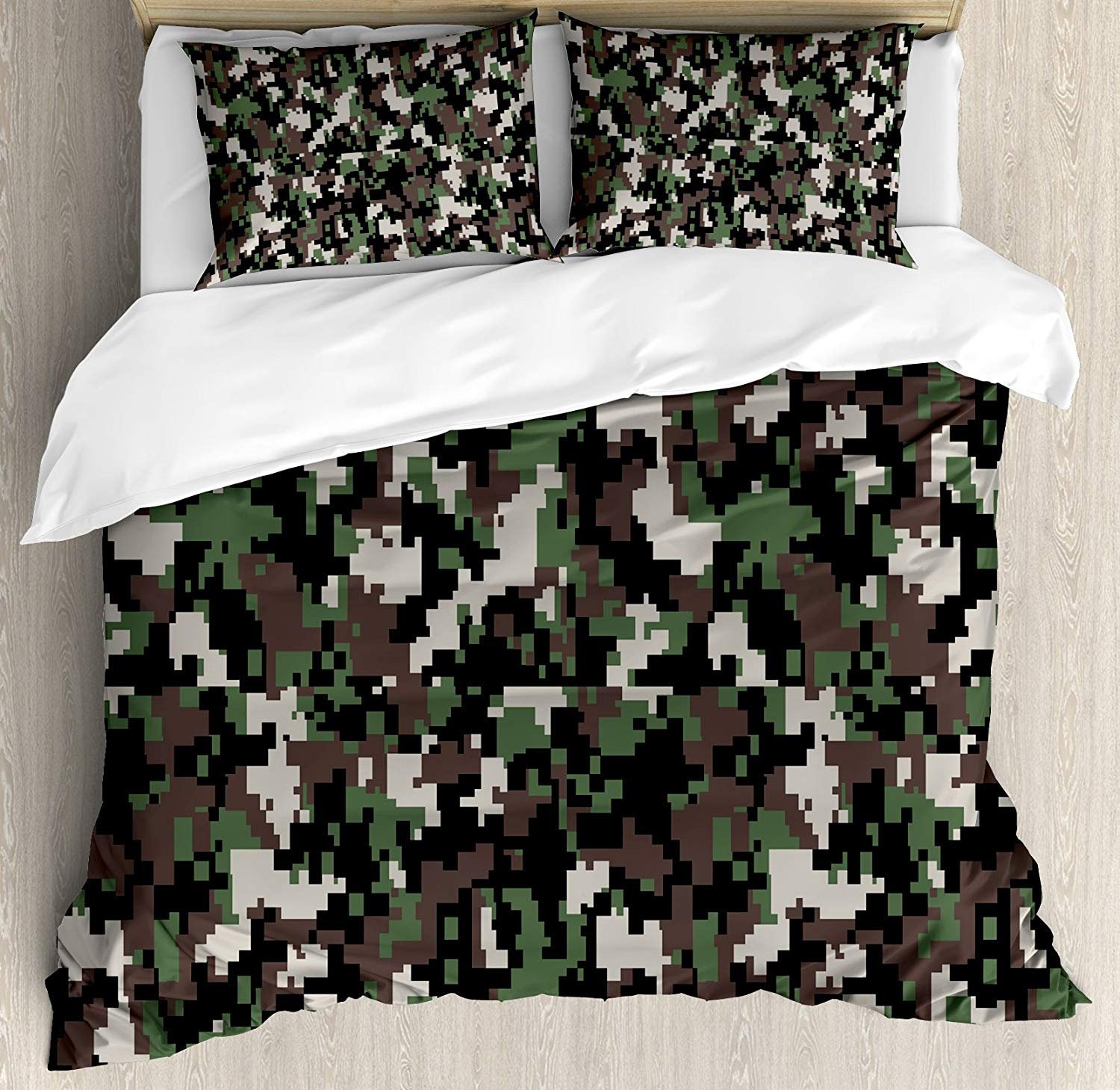 3 Piece Camo Queen Size Bedding Set - Pixelated Digital Camouflage Duvet Cover with 2 Pillow Shams | Modern Conceptual Design for Bedroom Decor | Perfect for Hunting Enthusiasts, Military Style Rooms & Unique Home Decor
