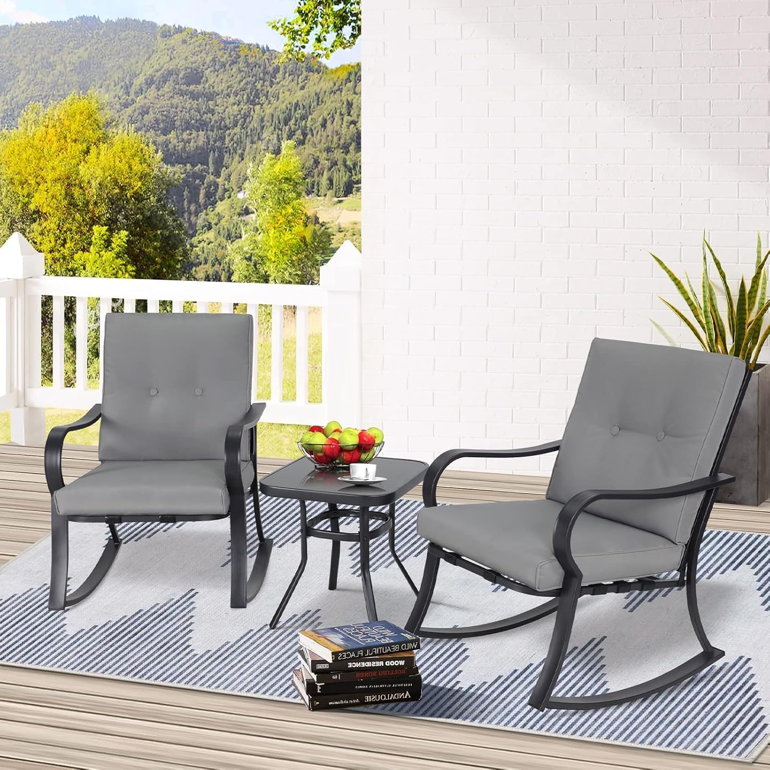 SUNCROWN Outdoor 3-Piece Rocking Chair Set - Black Steel Patio Furniture with Thickened Cushions & Glass-Top Coffee Table, Grey - Perfect for Garden, Porch, Backyard & Poolside Relaxation