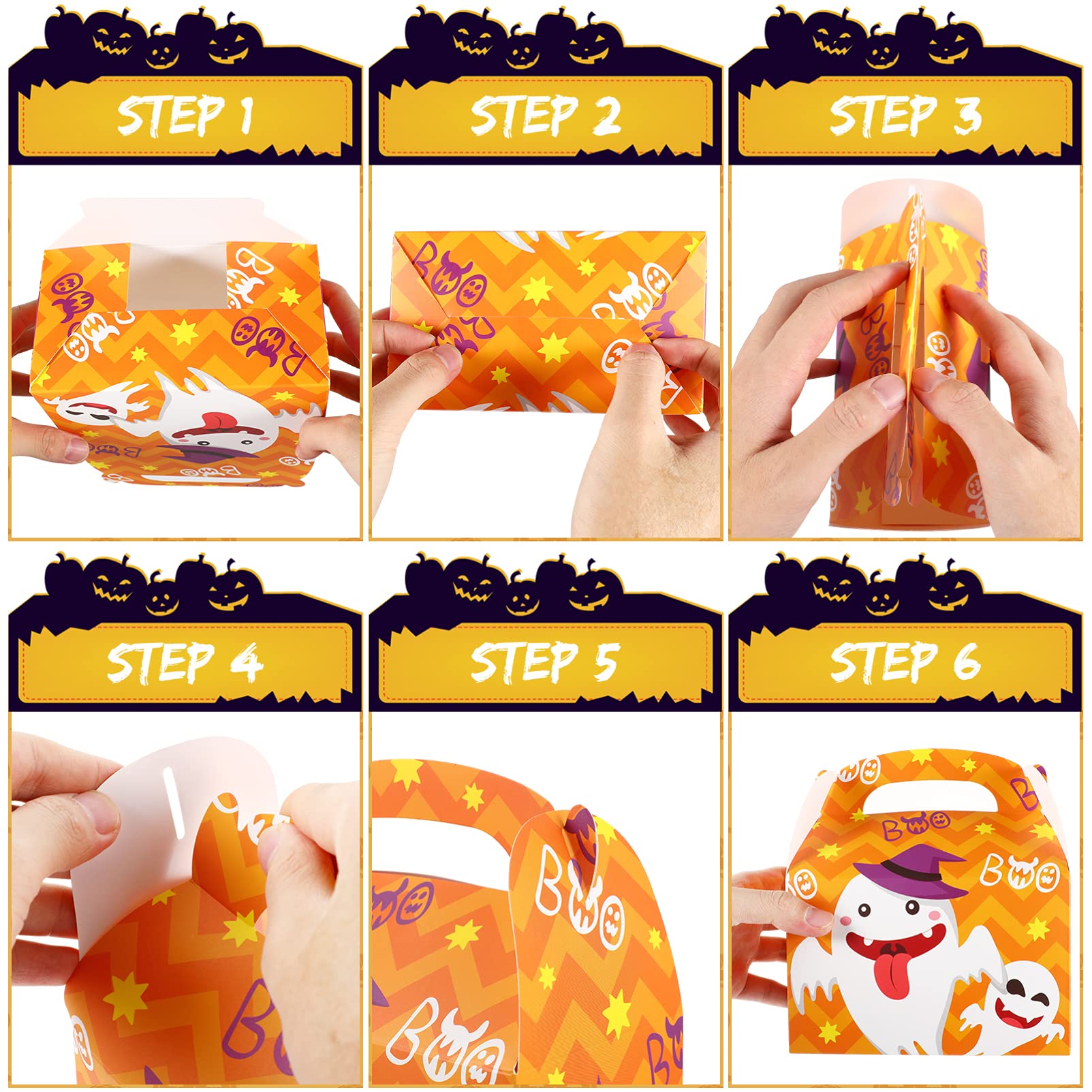 24pcs Halloween Treat Boxes with Handles - Cabilock Cardboard Candy Cookie Goodie Boxes for Party Favors | Holiday Festival Supplies for Trick-or-Treating, Classroom Treats & Halloween Party Decorations