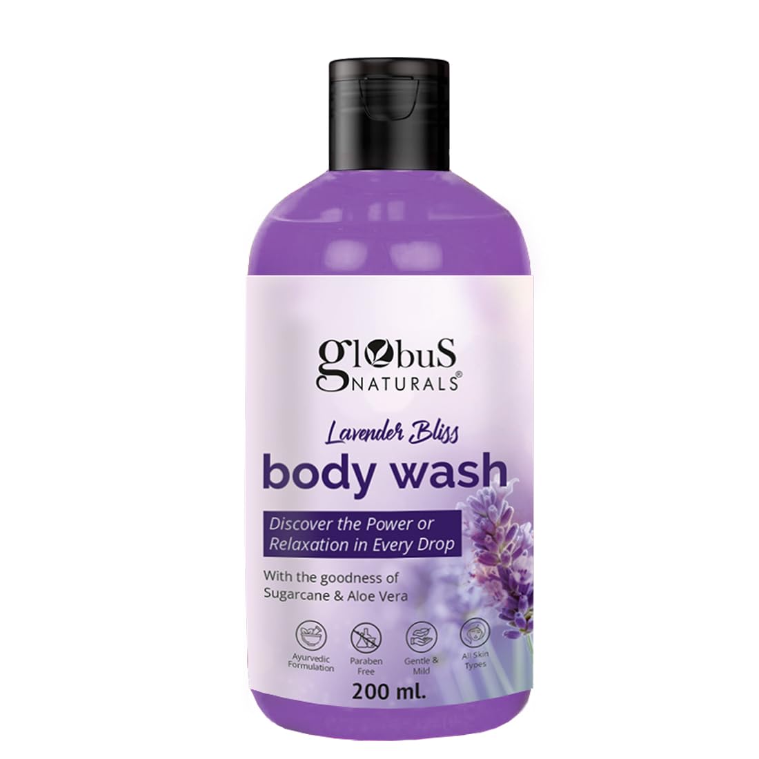 Globus Naturals Lavender Body Wash with Sugarcane & Aloe Vera - Ayurvedic, Paraben-Free, Gentle for All Skin Types - 200ml | Relaxing Bath & Aromatherapy for Stress Relief