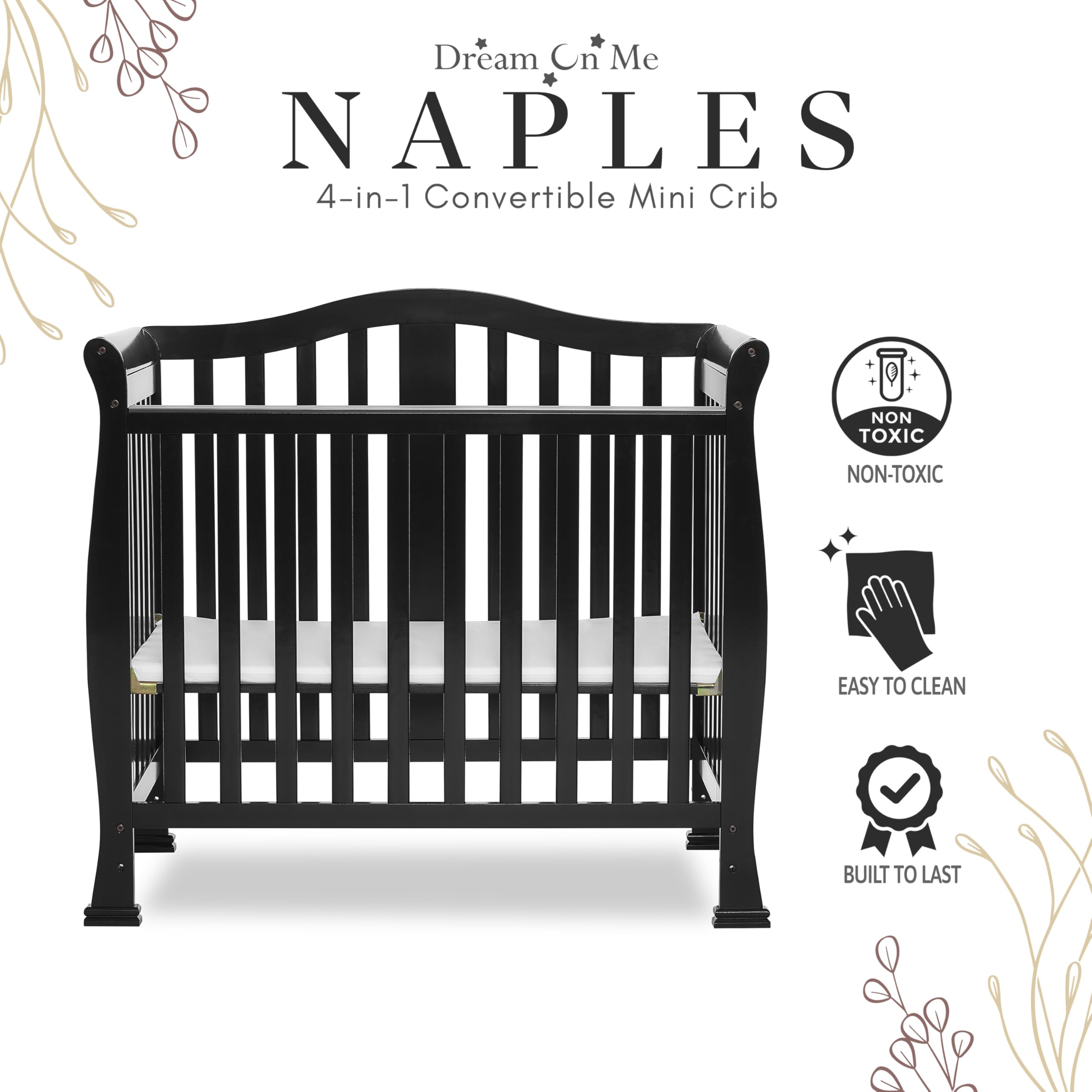 Dream On Me Addison 4-in-1 Convertible Mini Crib - Black | Greenguard Gold Certified | Non-Toxic New Zealand Pinewood | Includes 1