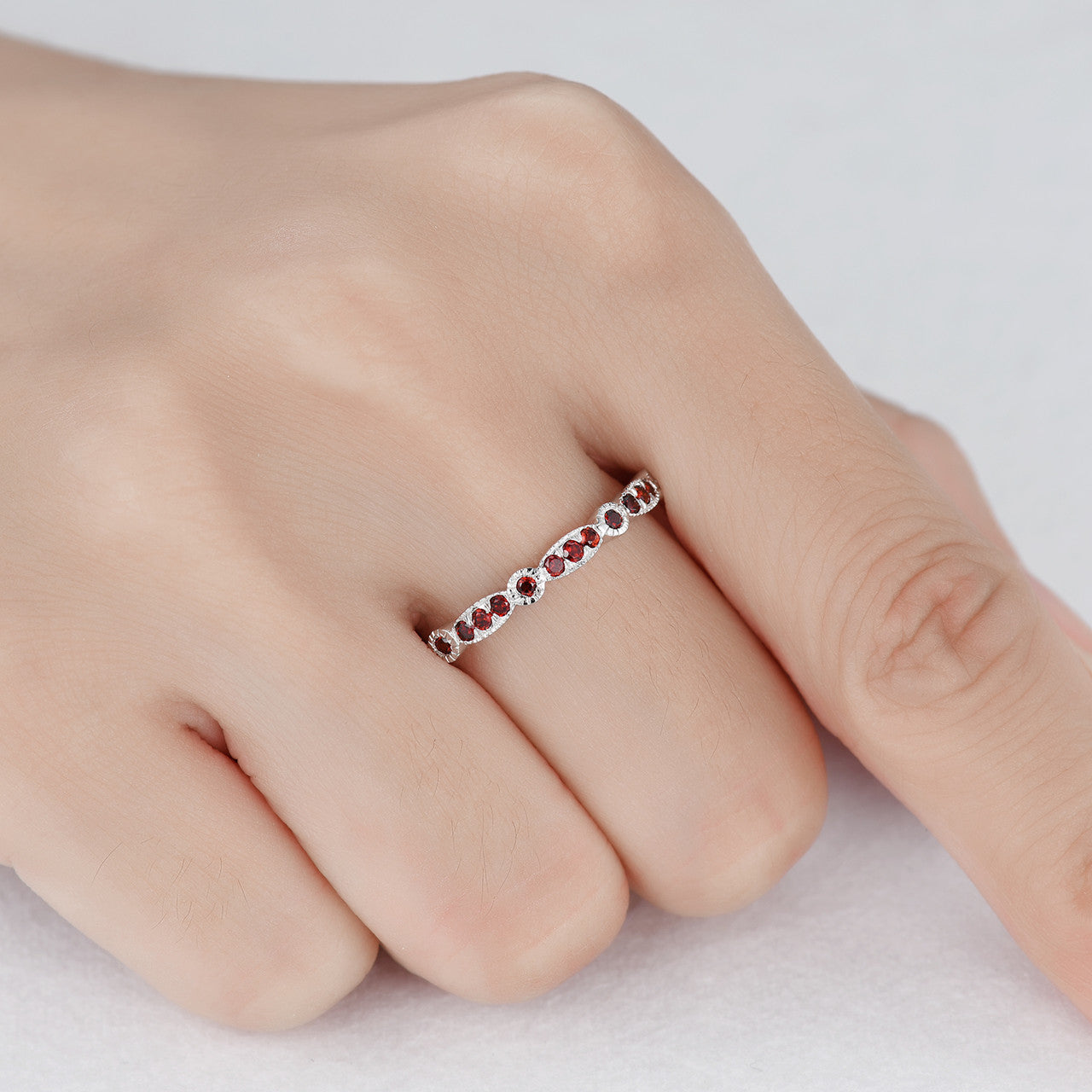 White Gold Garnet Wedding Band - Half Eternity Stackable Ring for Women | Perfect for Bridal Sets, Anniversary Gifts & Everyday Elegant Jewelry