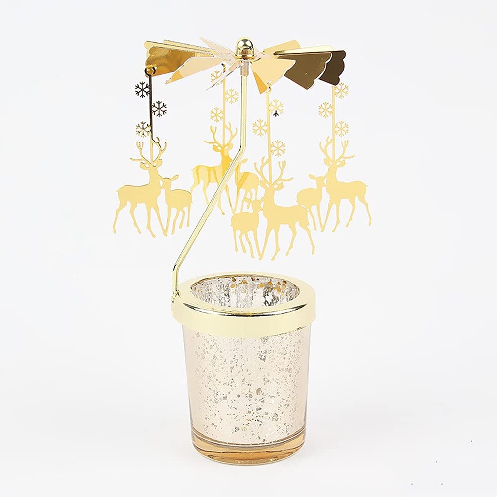 Rotating Gold Starlight Glass Christmas Candle Holders - Elegant Deer Design Candlestick for Wedding, Anniversary & Holiday Table Decor - Perfect for Christmas, Thanksgiving, Restaurant & Home Decoration